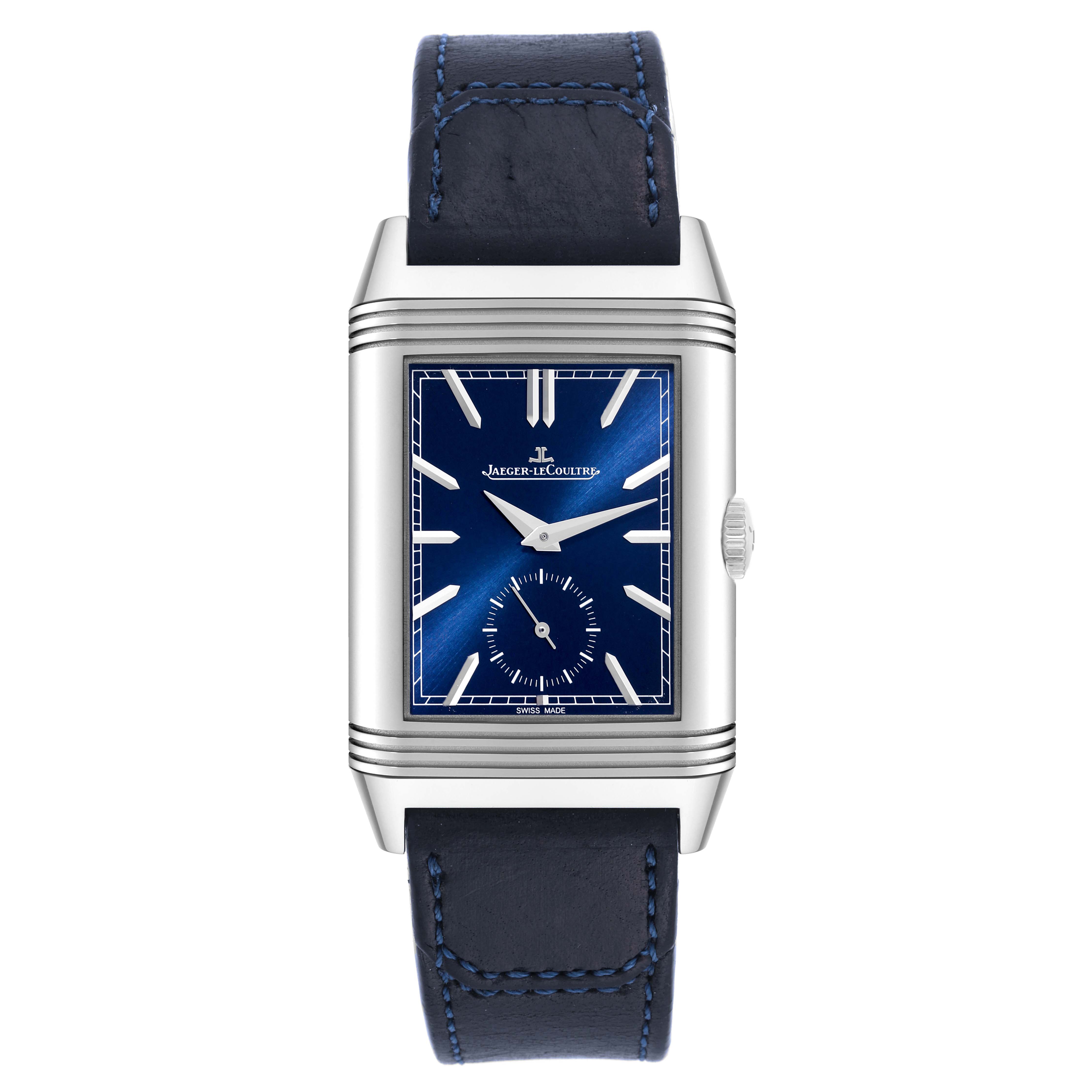The image shows a front view of the Jaeger-LeCoultre Reverso watch, highlighting its blue dial and black leather strap.