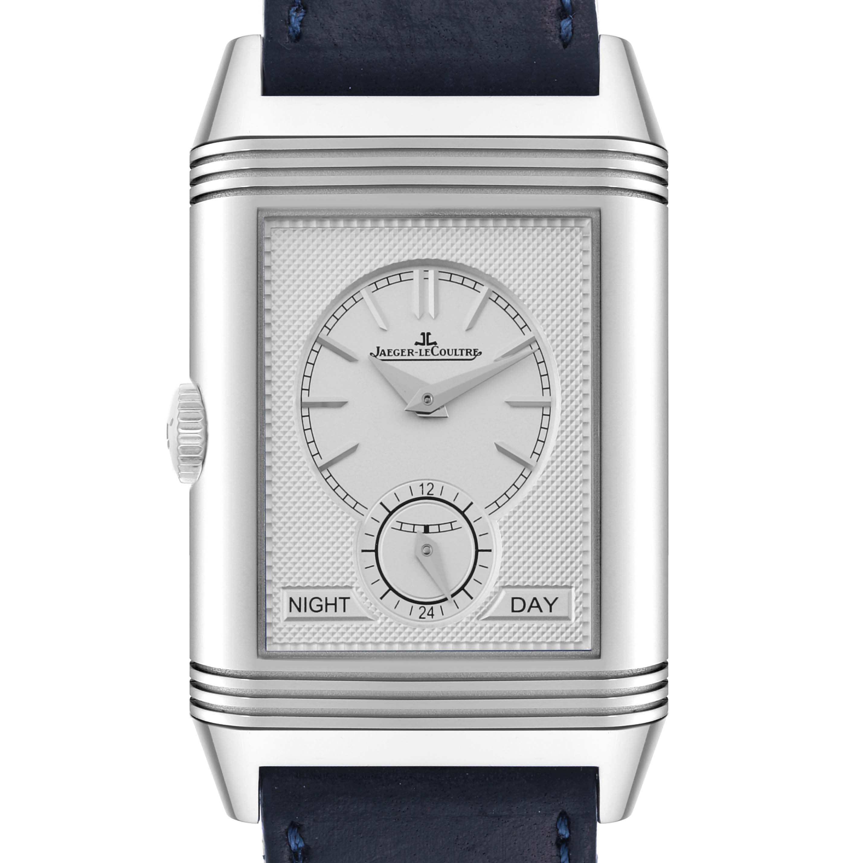 The image shows a Jaeger LeCoultre Reverso Q3988482 Men's Stainless Steel Blue Dial Q3988482 Men's Stainless Steel Blue Dial watch from a front angle, displaying the dial and part of the strap.