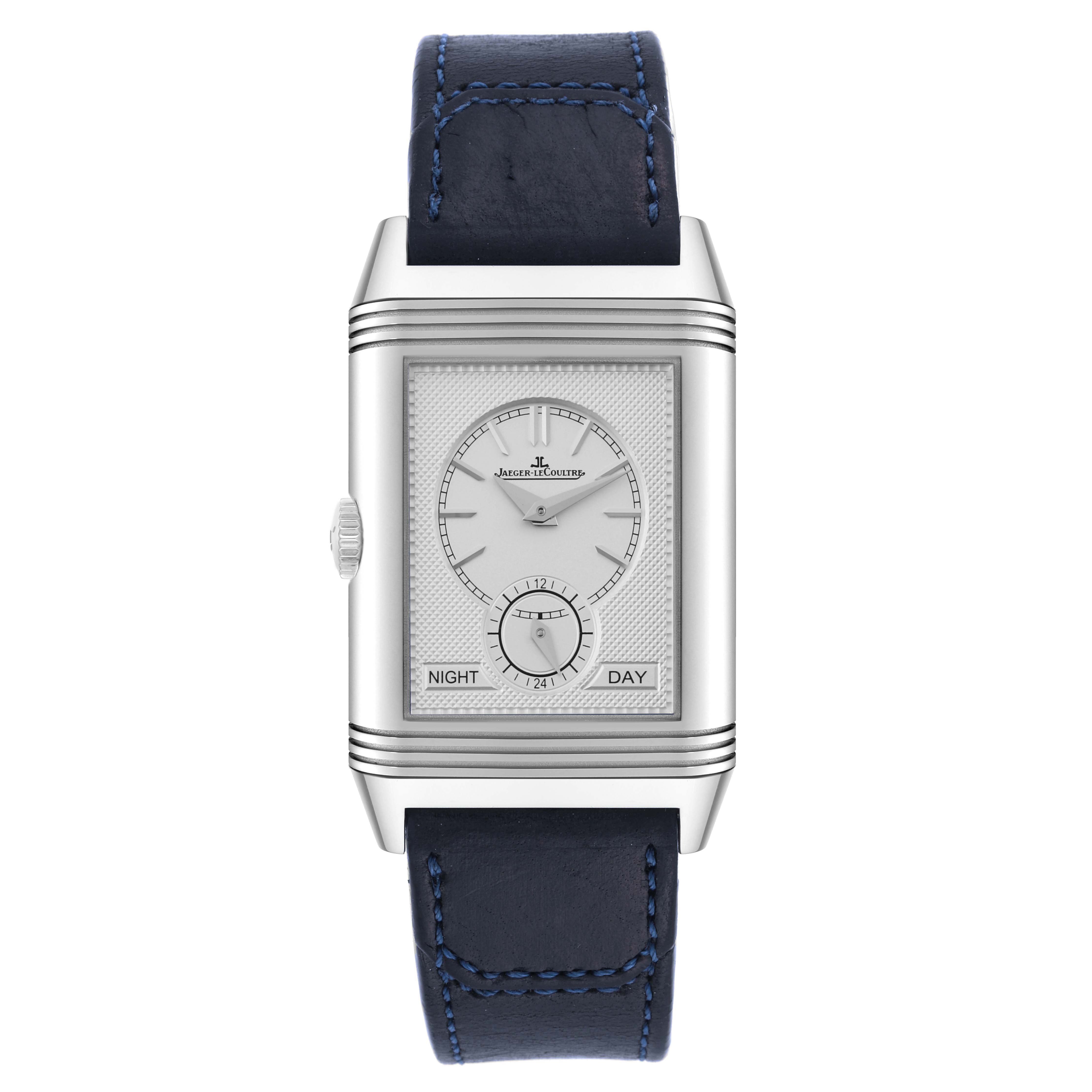 The image shows a frontal view of the Jaeger-LeCoultre Reverso watch, displaying its face, case, and blue leather strap.
