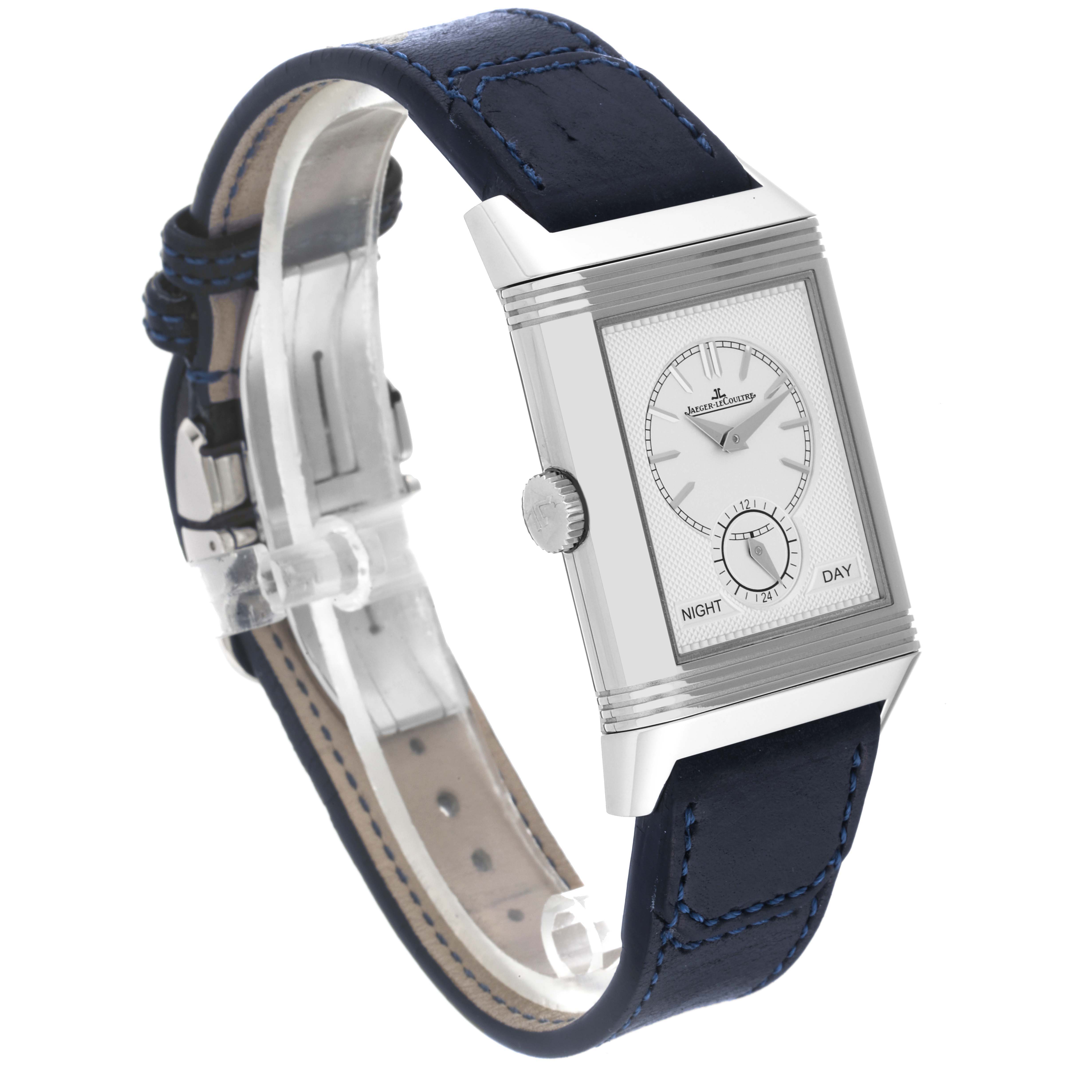 The image shows a side-angle view of a Jaeger LeCoultre Reverso Q3988482 Men's Stainless Steel Blue Dial Q3988482 Men's Stainless Steel Blue Dial watch, highlighting its face and blue strap.