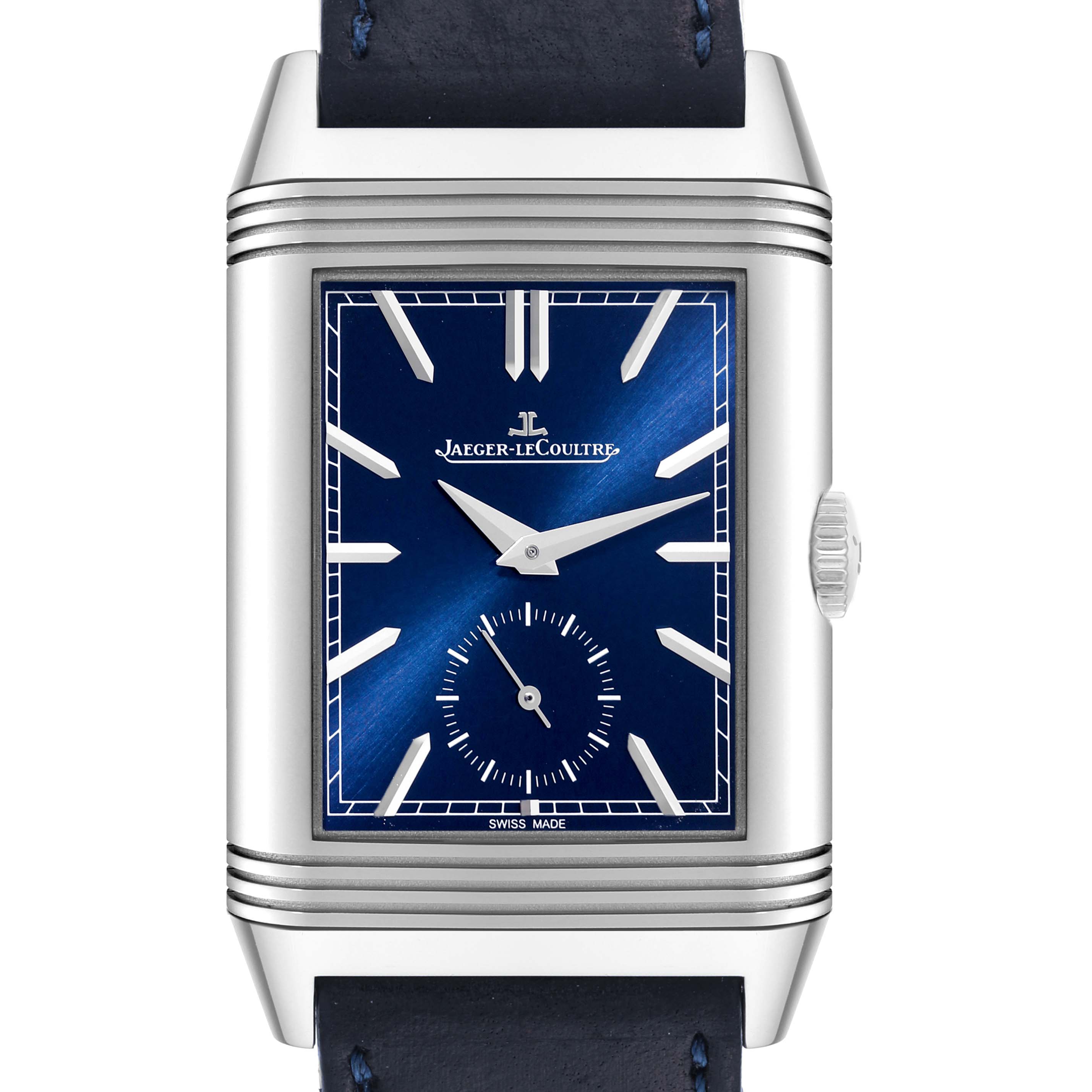 The image shows a frontal view of the Jaeger LeCoultre Reverso Q3988482 Men's Stainless Steel Blue Dial Q3988482 Men's Stainless Steel Blue Dial watch, highlighting its blue dial, rectangular case, crown, and leather strap.