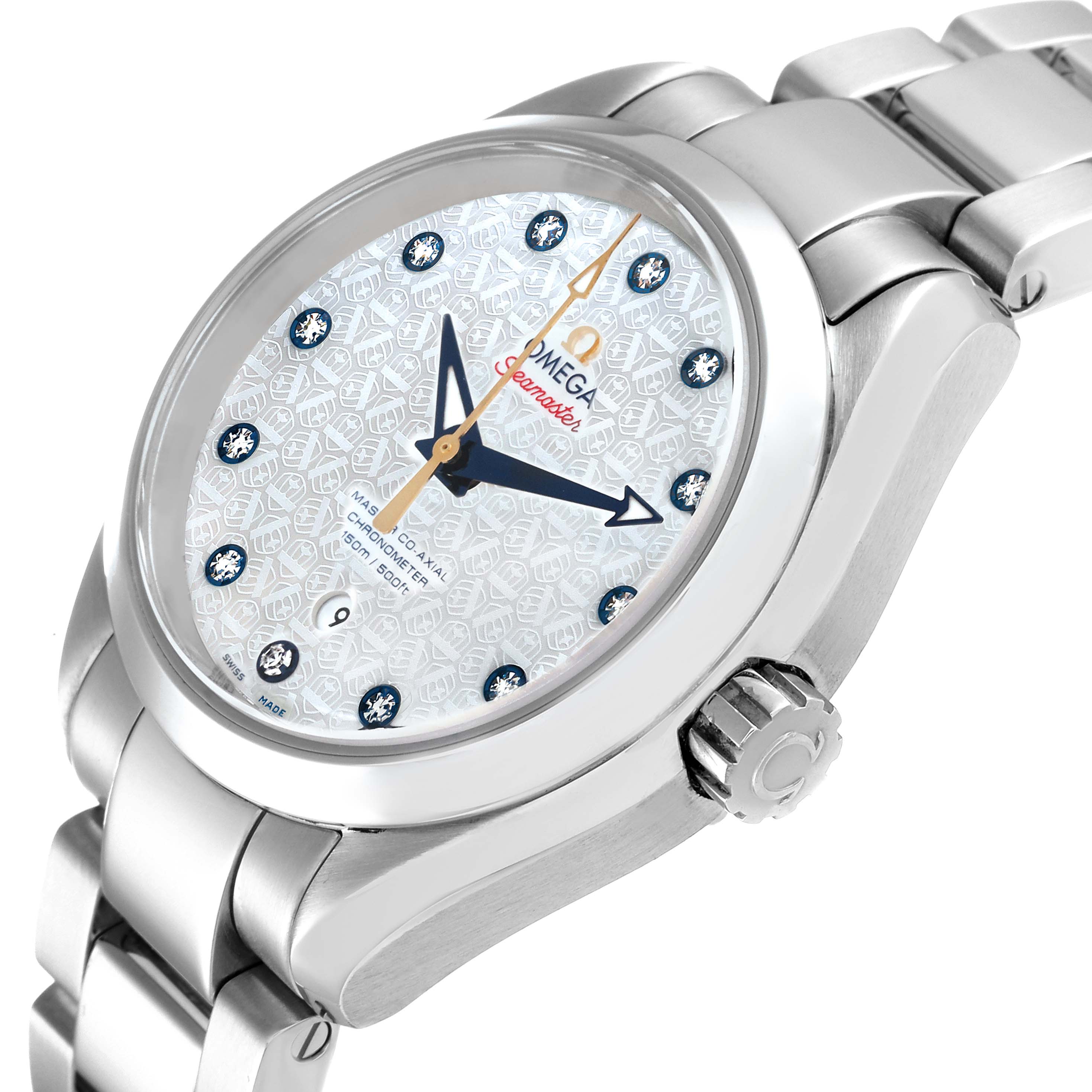 The image shows an angled view of the Omega 231.10.34.20.55.003 Women's Stainless Steel Mother of Pearl Dial 231.10.34.20.55.003 Women's Stainless Steel Mother of Pearl Dial Aqua Terra Ryder Cup Mother Of Pearl Diamond Ladies Watch 231.10.34.20.55.003, highlighting the face and bracelet.