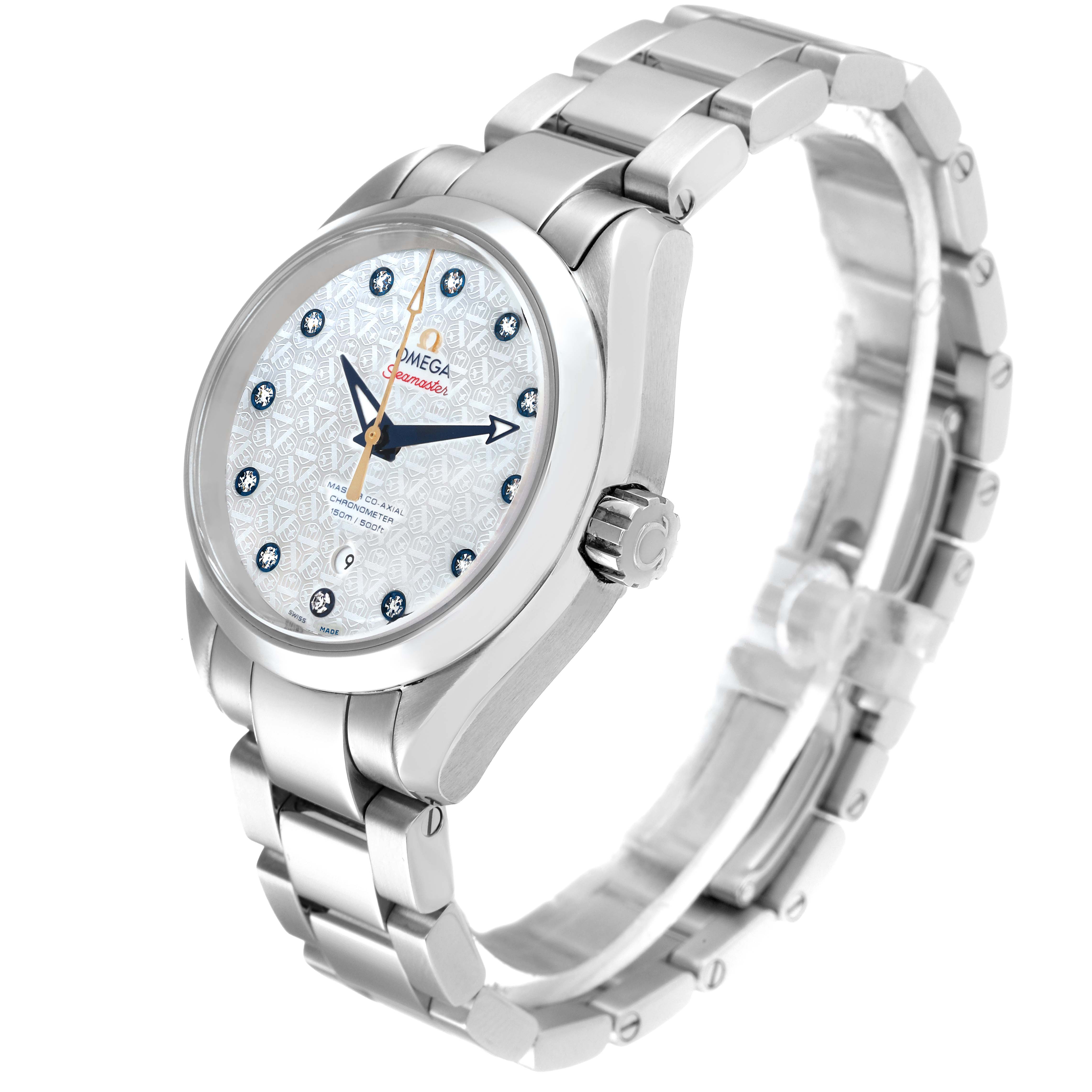 The image shows an Omega 231.10.34.20.55.003 Women's Stainless Steel Mother of Pearl Dial 231.10.34.20.55.003 Women's Stainless Steel Mother of Pearl Dial Aqua Terra Ryder Cup Mother Of Pearl Diamond Ladies Watch model 231.10.34.20.55.003 at a side angle.