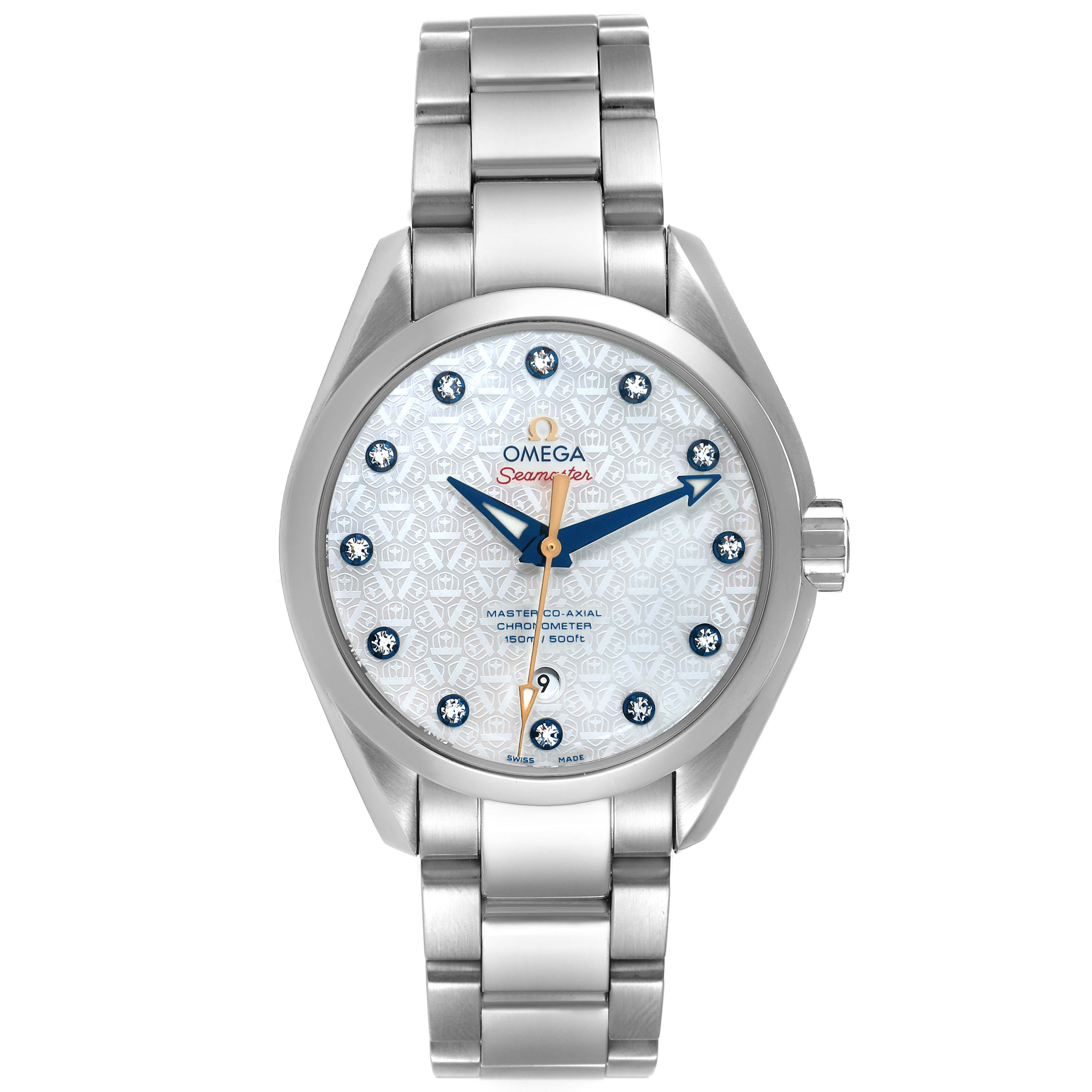 The image shows a front view of the Omega 231.10.34.20.55.003 Women's Stainless Steel Mother of Pearl Dial 231.10.34.20.55.003 Women's Stainless Steel Mother of Pearl Dial Aqua Terra Ryder Cup Mother Of Pearl Diamond Ladies Watch, model 231.10.34.20.55.003.