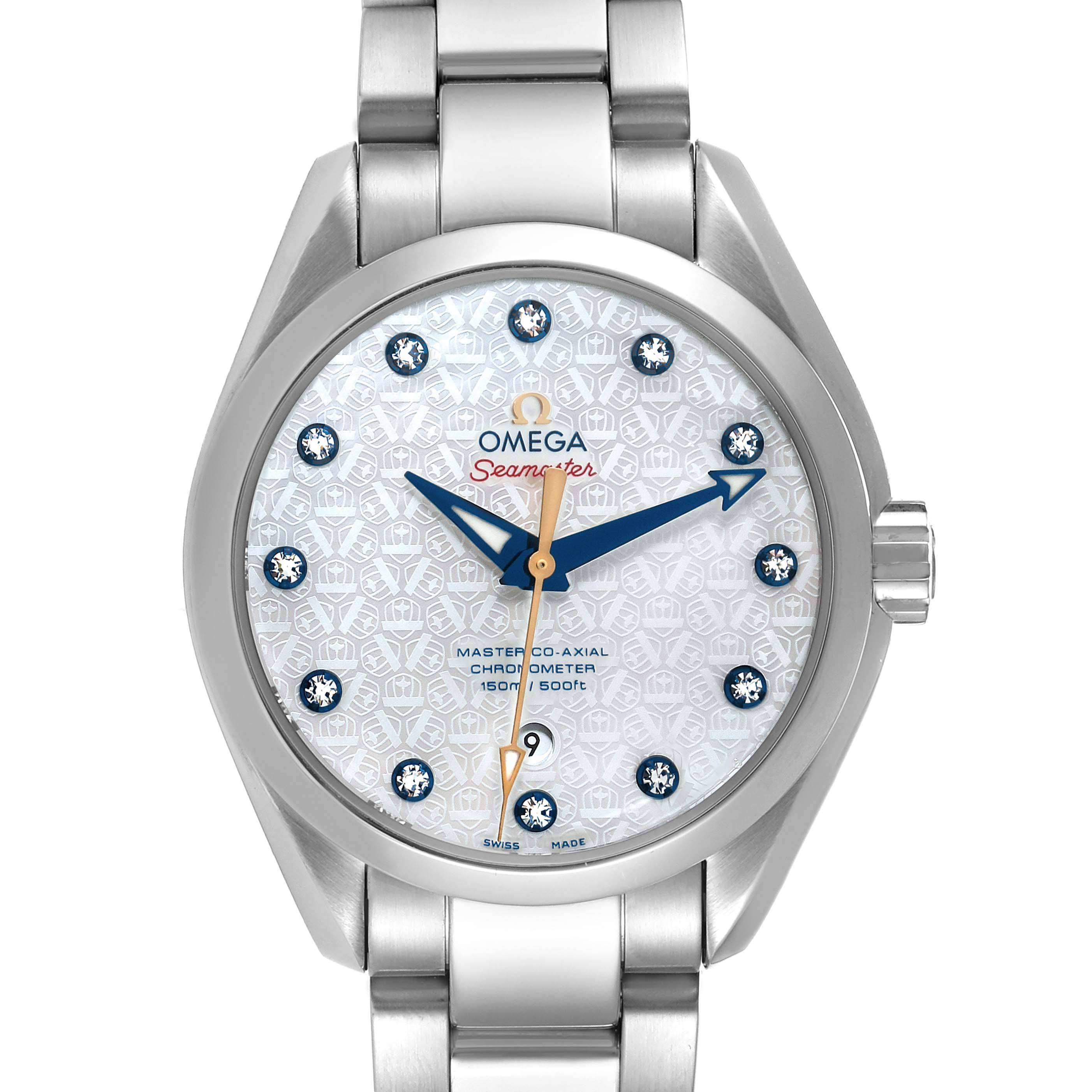 This image shows the front view of the Omega 231.10.34.20.55.003 Women's Stainless Steel Mother of Pearl Dial 231.10.34.20.55.003 Women's Stainless Steel Mother of Pearl Dial Aqua Terra Ryder Cup Mother Of Pearl Diamond Ladies Watch, model 231.10.34.20.55.003.