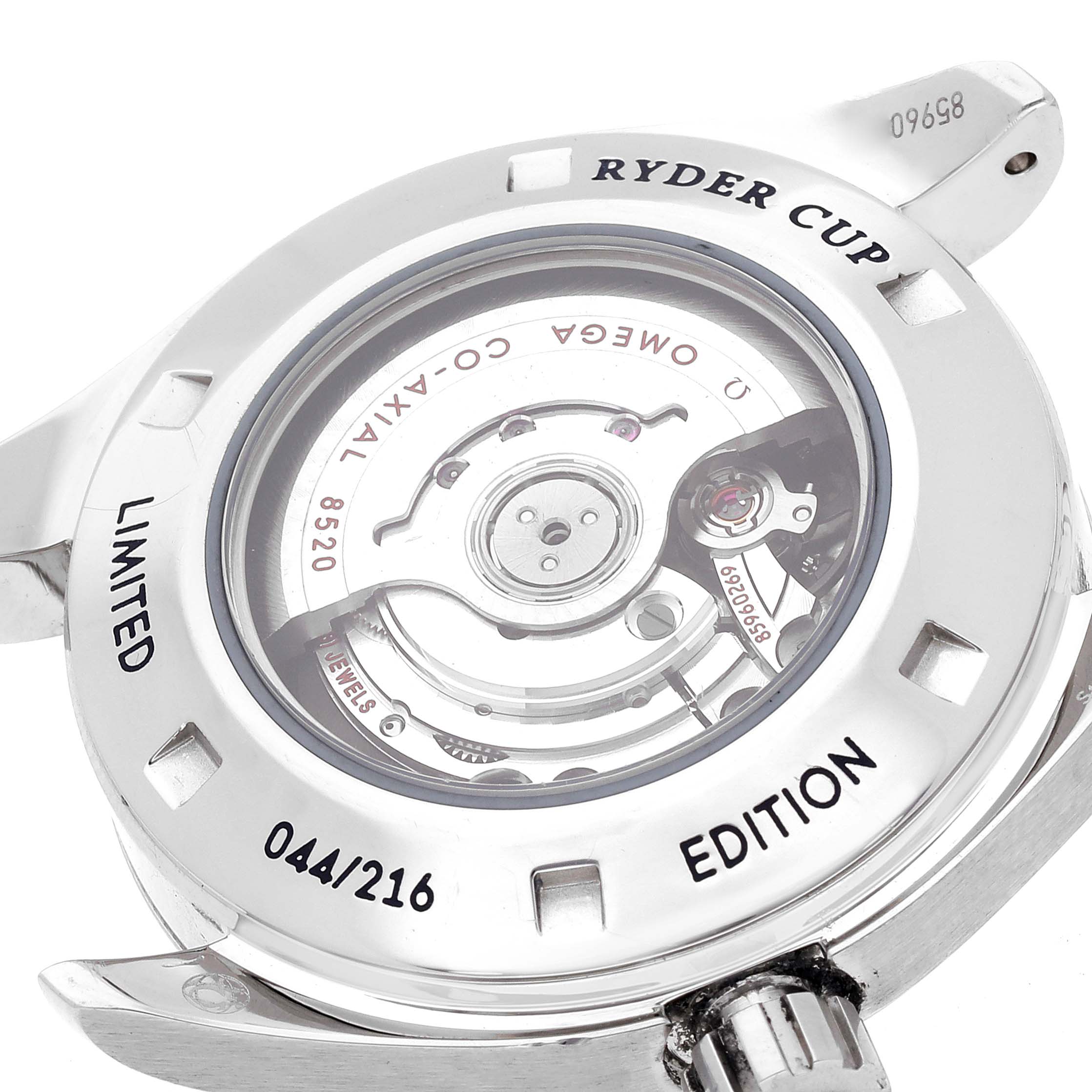 The image shows the back of the Omega 231.10.34.20.55.003 Women's Stainless Steel Mother of Pearl Dial 231.10.34.20.55.003 Women's Stainless Steel Mother of Pearl Dial Aqua Terra Ryder Cup Mother Of Pearl Diamond Ladies Watch 231.10.34.20.55.003, highlighting its internal mechanism.