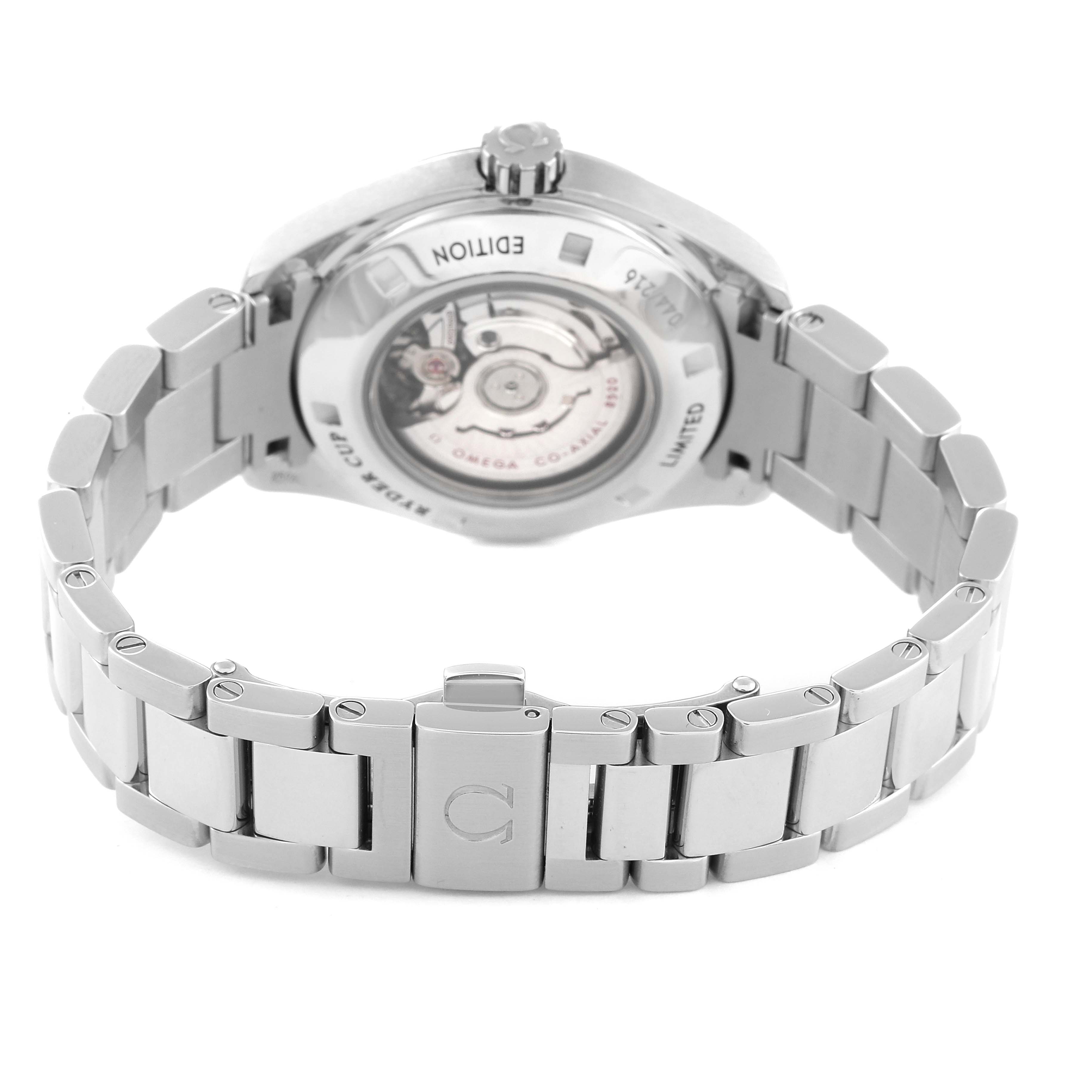 This image shows the back view of the Omega 231.10.34.20.55.003 Women's Stainless Steel Mother of Pearl Dial 231.10.34.20.55.003 Women's Stainless Steel Mother of Pearl Dial Aqua Terra Ryder Cup Mother Of Pearl Diamond Ladies Watch 231.10.34.20.55.003, highlighting its movement and bracelet.