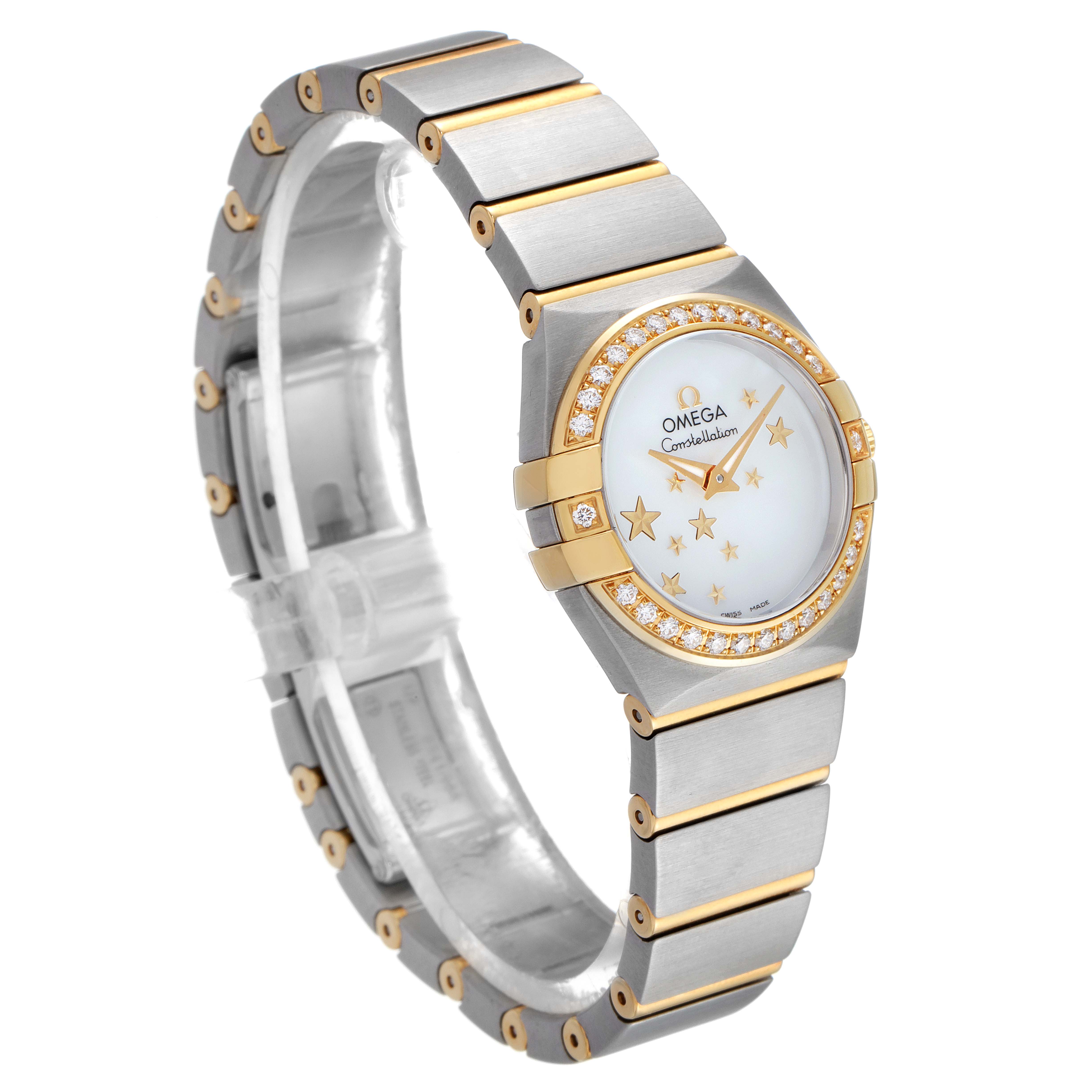 This image shows a side angle of the Omega 123.25.24.60.05.001 Women
s Steel and Gold (two tone) Mother of Pearl Dial 123.25.24.60.05.001 Women
s Steel and Gold (two tone) Mother of Pearl Dial Constellation Star Steel Yellow Gold Diamond Watch 123.25.24.60.05.001.
