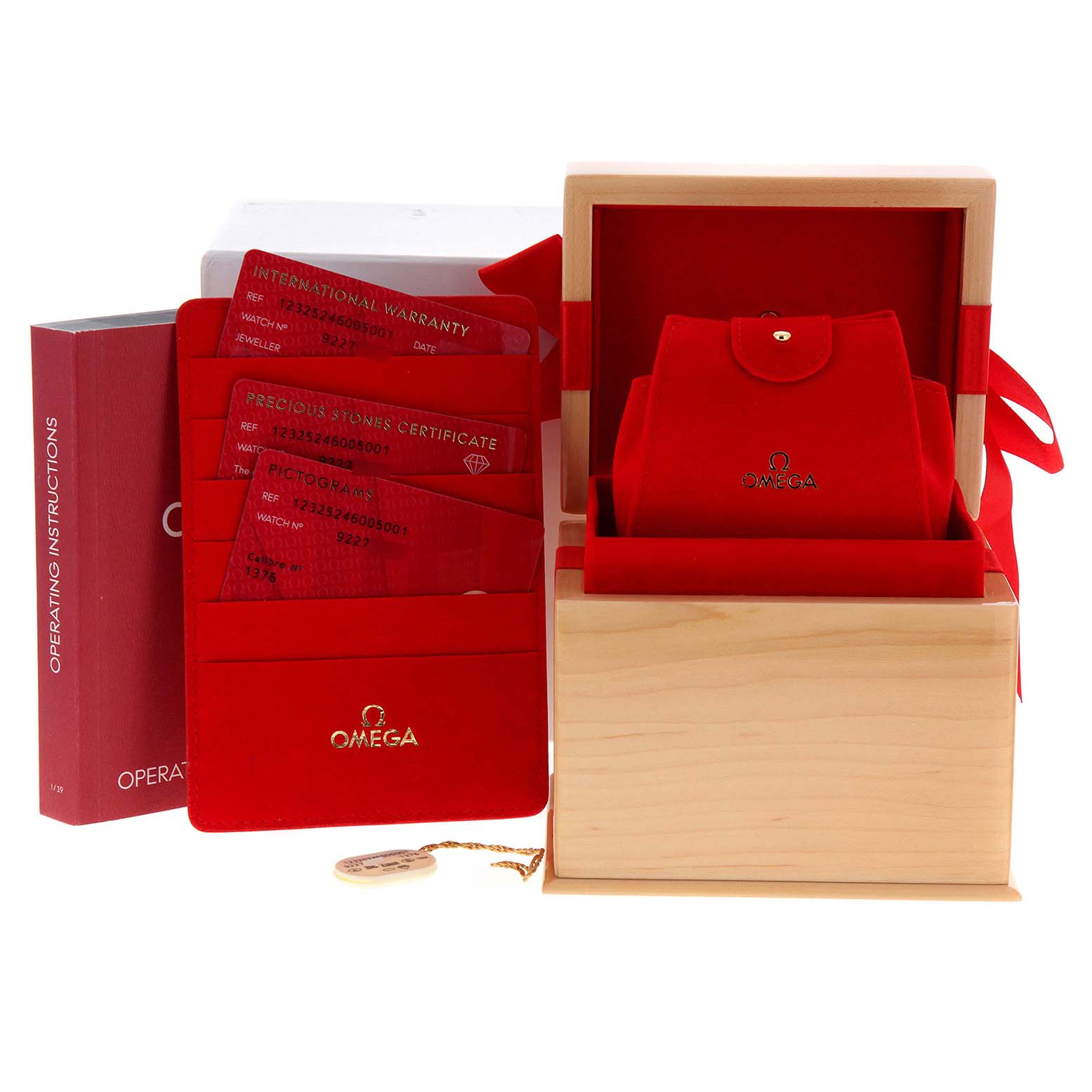 The image shows the packaging, warranty cards, and accessories for the Omega 123.25.24.60.05.001 Women
s Steel and Gold (two tone) Mother of Pearl Dial 123.25.24.60.05.001 Women
s Steel and Gold (two tone) Mother of Pearl Dial Constellation Star Steel Yellow Gold Diamond Watch 123.25.24.60.05.001.