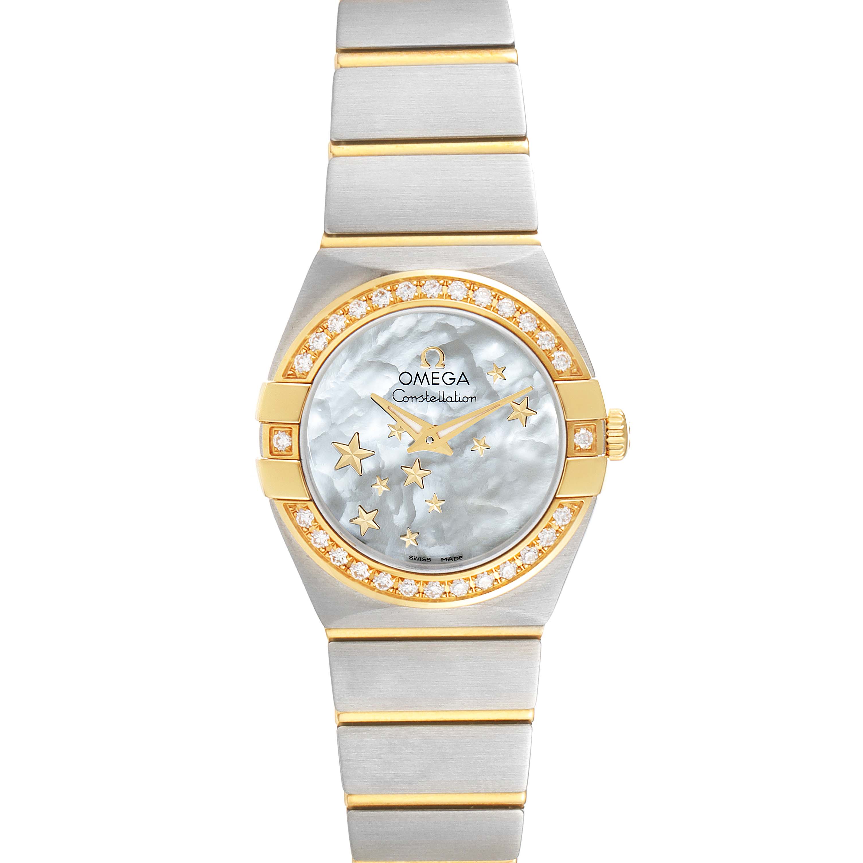 The image shows a front view of the Omega 123.25.24.60.05.001 Women
s Steel and Gold (two tone) Mother of Pearl Dial 123.25.24.60.05.001 Women
s Steel and Gold (two tone) Mother of Pearl Dial Constellation Star Steel Yellow Gold Diamond Watch 123.25.24.60.05.001.