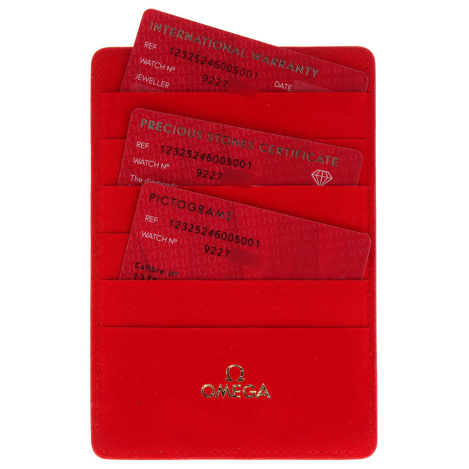 This image shows the warranty cards and a red Omega 123.25.24.60.05.001 Women
s Steel and Gold (two tone) Mother of Pearl Dial 123.25.24.60.05.001 Women
s Steel and Gold (two tone) Mother of Pearl Dial holder for the Omega 123.25.24.60.05.001 Women
s Steel and Gold (two tone) Mother of Pearl Dial 123.25.24.60.05.001 Women
s Steel and Gold (two tone) Mother of Pearl Dial Constellation Star Steel Yellow Gold Diamond Watch 123.25.24.60.05.001 model.