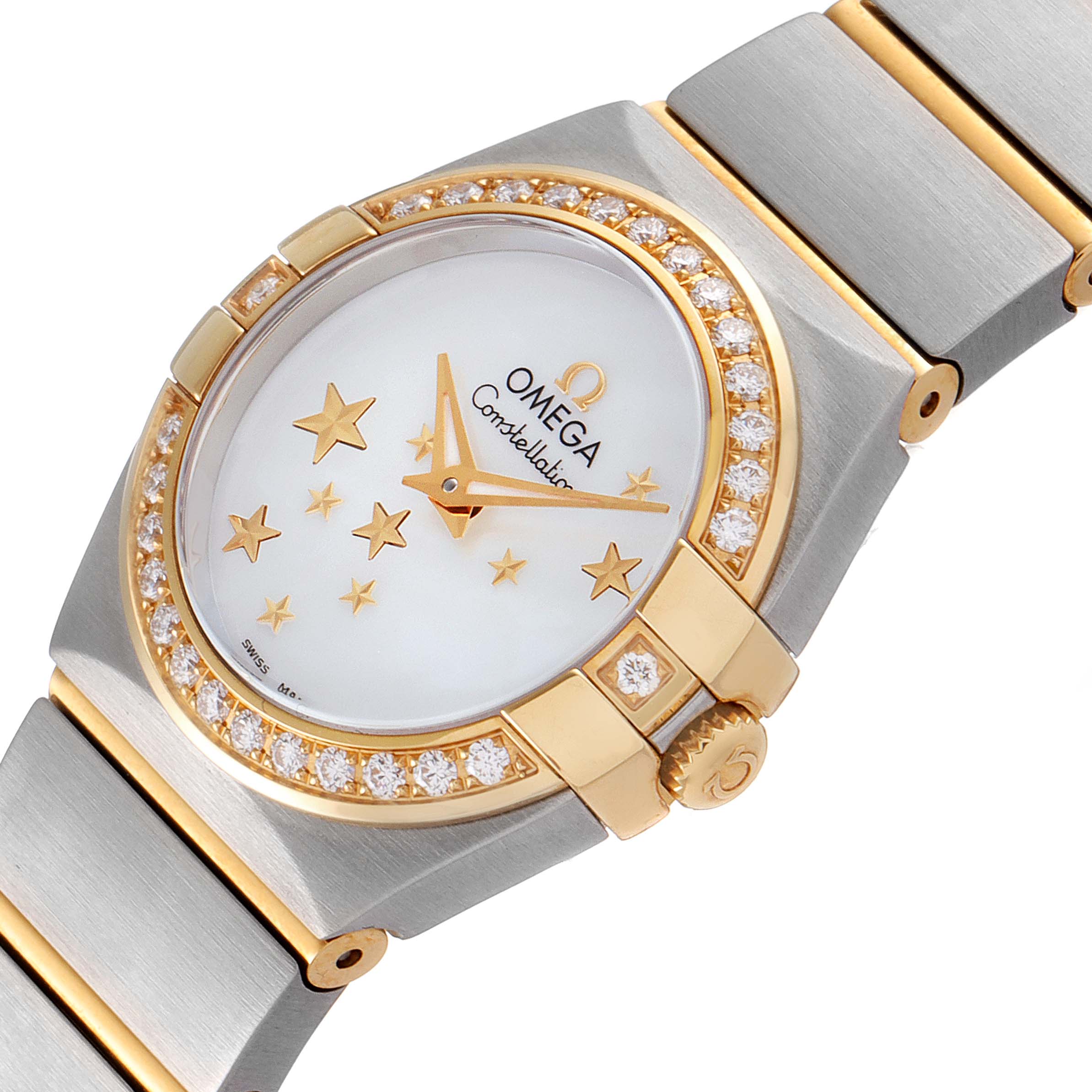 The image shows an angled view of the Omega 123.25.24.60.05.001 Women
s Steel and Gold (two tone) Mother of Pearl Dial 123.25.24.60.05.001 Women
s Steel and Gold (two tone) Mother of Pearl Dial Constellation Star Steel Yellow Gold Diamond Watch 123.25.24.60.05.001, highlighting the dial and bezel.