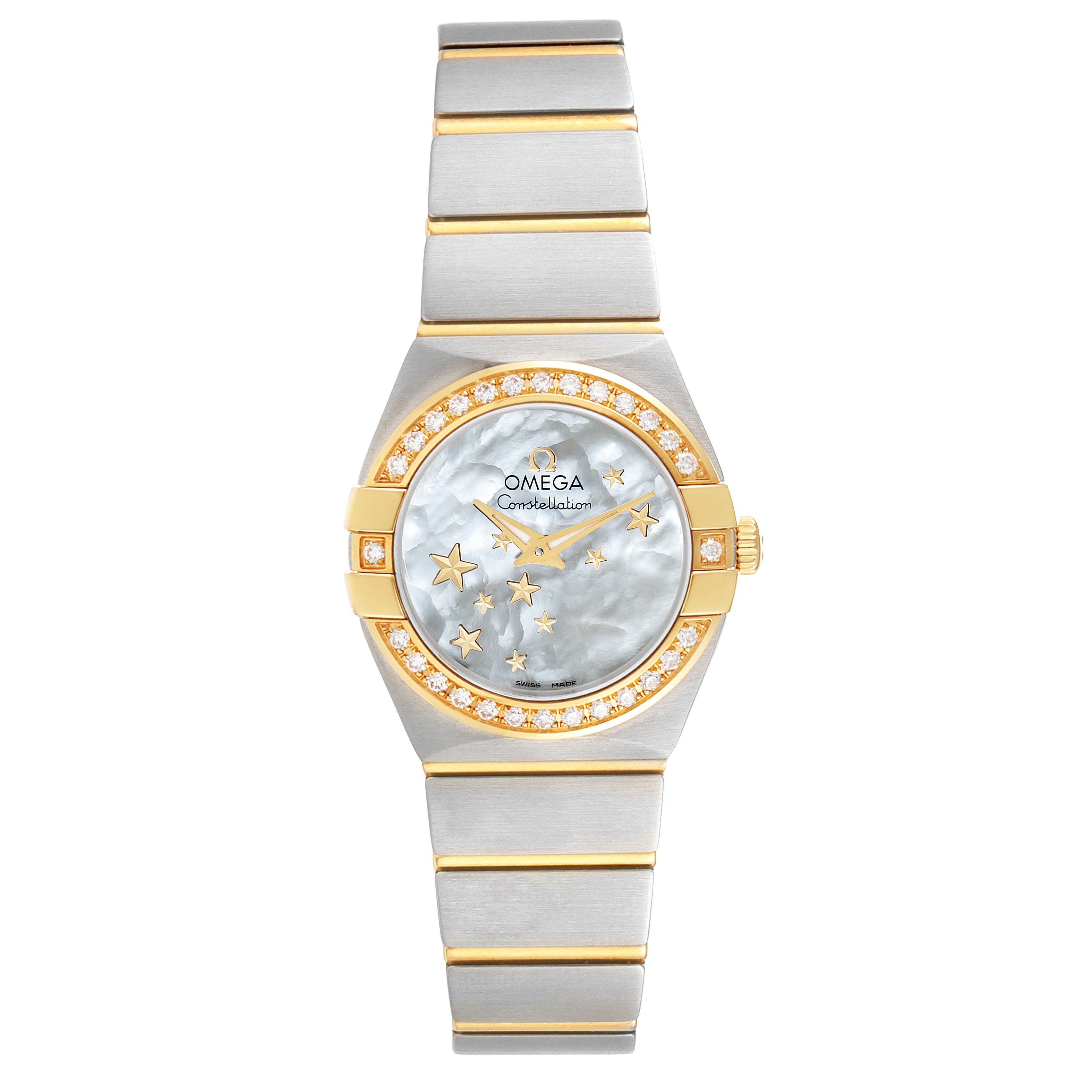 The image shows the front view of an Omega 123.25.24.60.05.001 Women
s Steel and Gold (two tone) Mother of Pearl Dial 123.25.24.60.05.001 Women
s Steel and Gold (two tone) Mother of Pearl Dial Constellation Star Steel Yellow Gold Diamond Watch 123.25.24.60.05.001, displaying the dial and bracelet.
