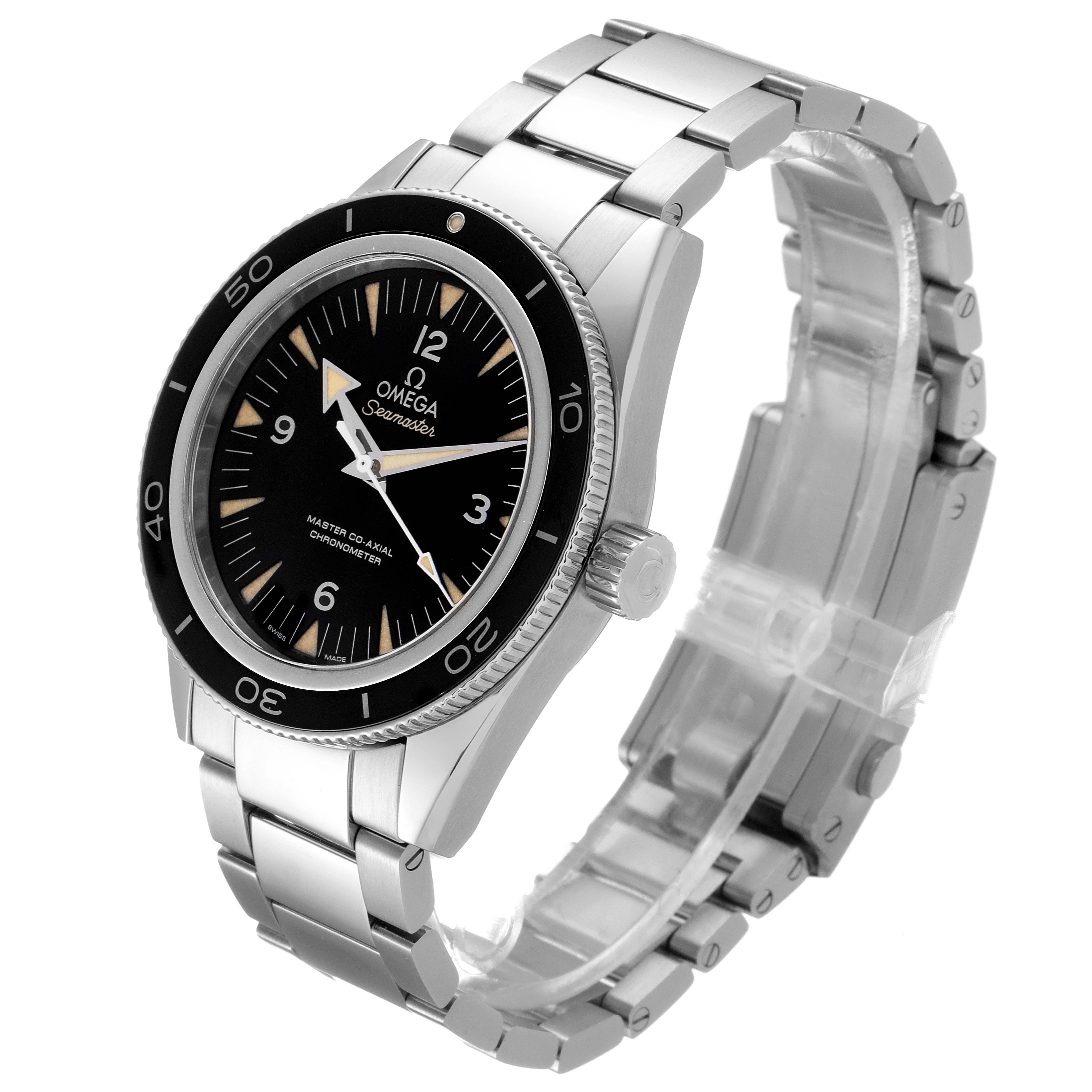 The image shows a side and front angle of the Omega Seamaster 233.30.41.21.01.001 Men
s Stainless Steel Black Dial 233.30.41.21.01.001 Men
s Stainless Steel Black Dial watch, highlighting its dial, bezel, crown, and stainless steel bracelet.