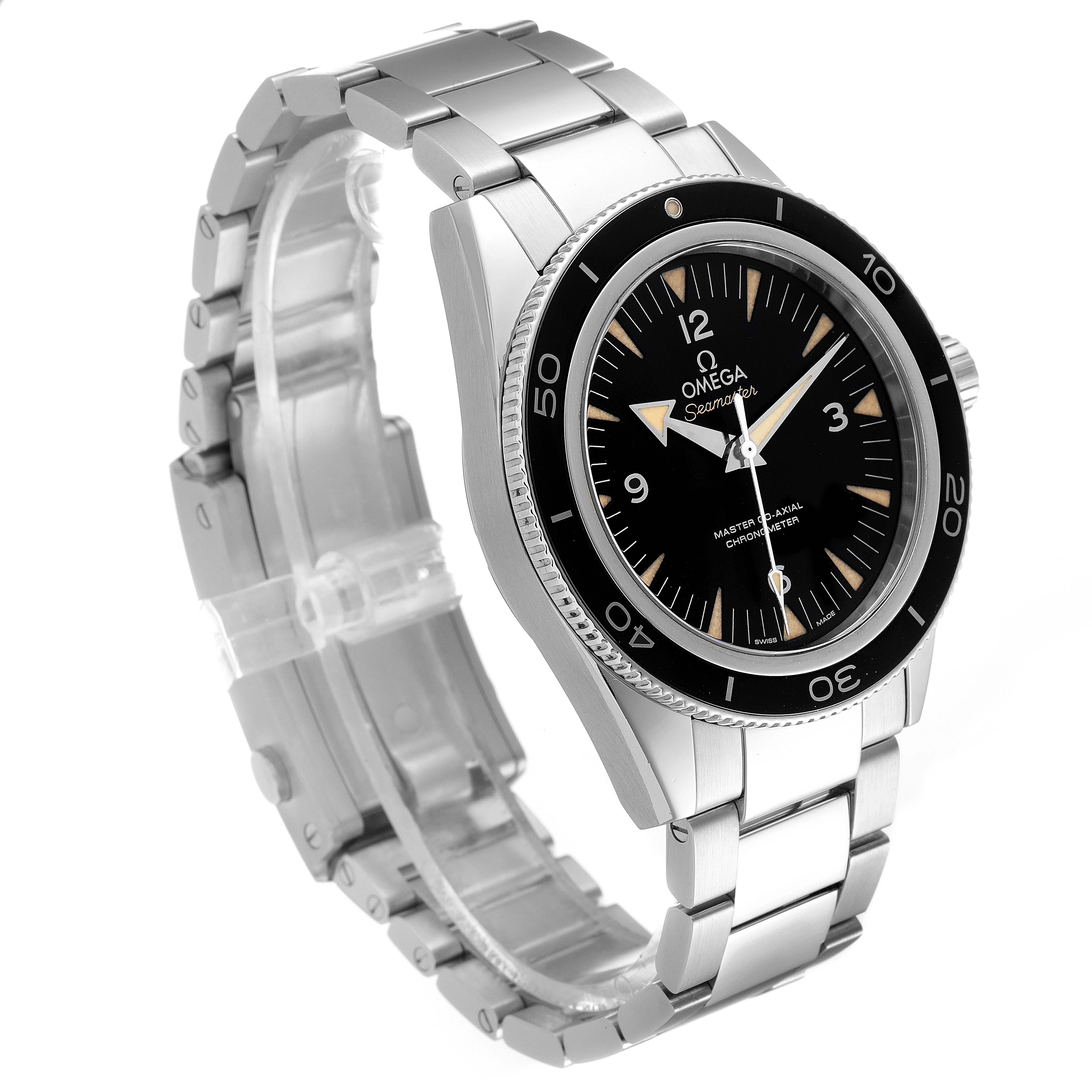 The image shows an Omega Seamaster 233.30.41.21.01.001 Men
s Stainless Steel Black Dial 233.30.41.21.01.001 Men
s Stainless Steel Black Dial watch at a three-quarter view, displaying the face, bezel, and metal bracelet.