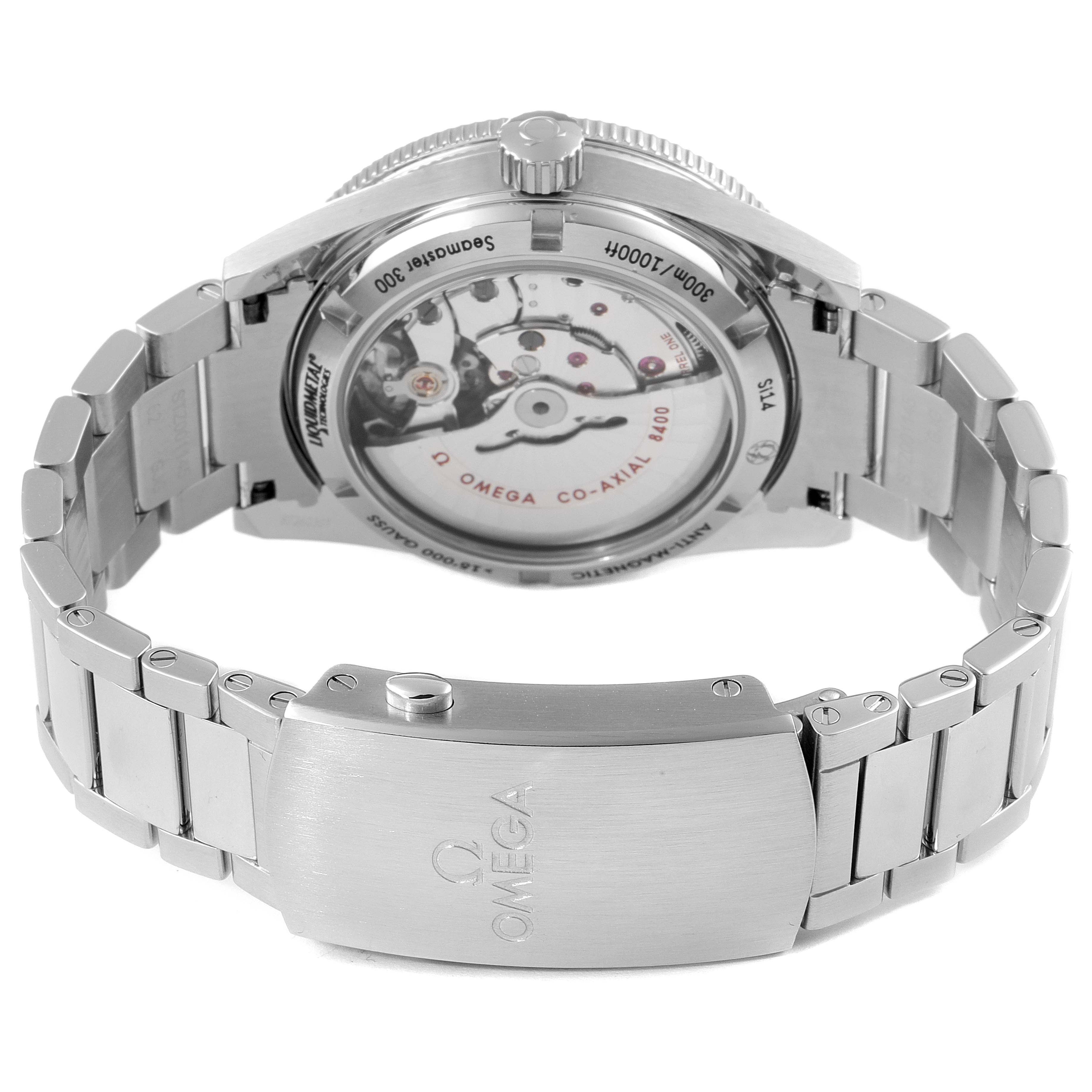 The image shows the back view of the Omega Seamaster 233.30.41.21.01.001 Men
s Stainless Steel Black Dial 233.30.41.21.01.001 Men
s Stainless Steel Black Dial watch, highlighting its movement and metal bracelet with a visible clasp.