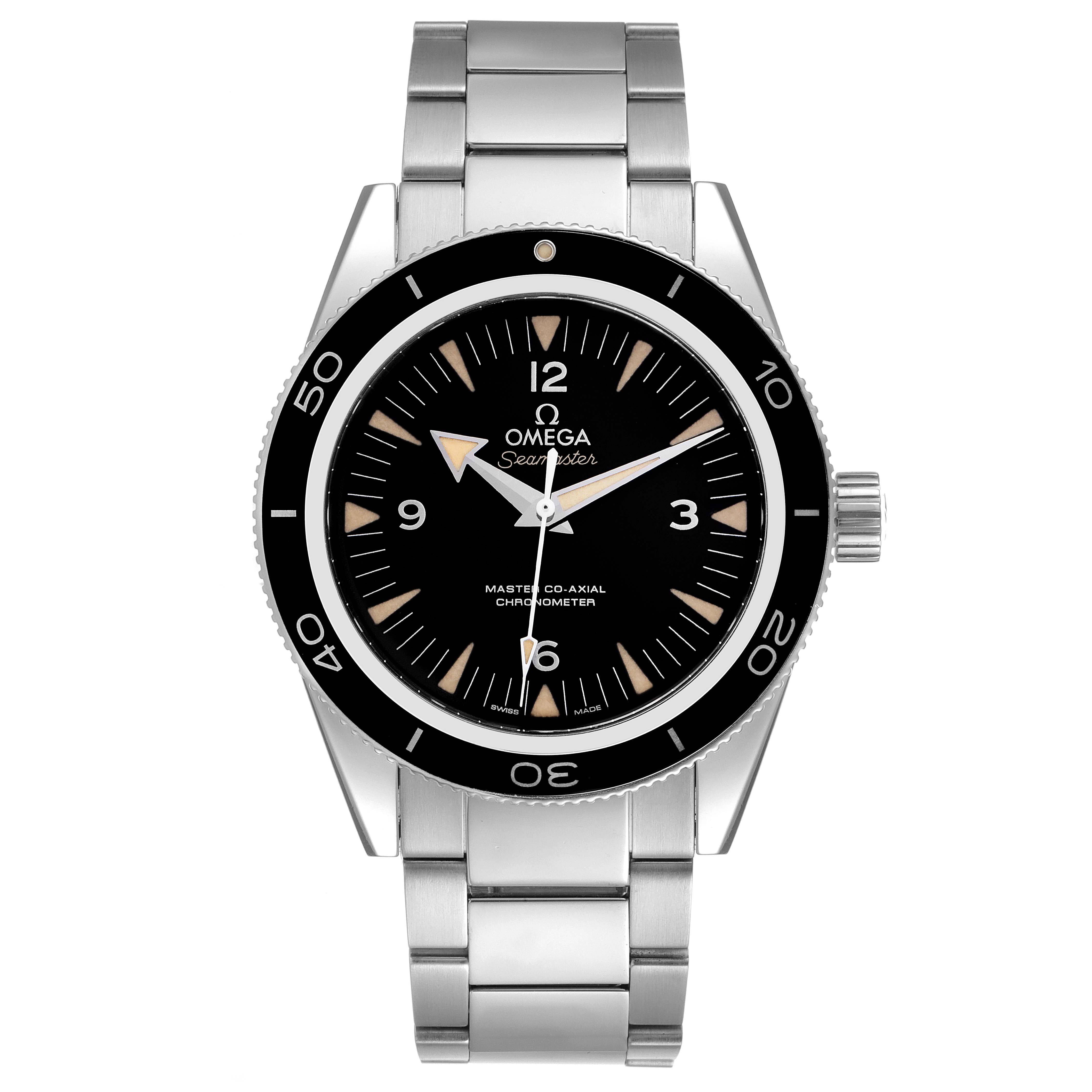 The image shows a front view of an Omega Seamaster 233.30.41.21.01.001 Men
s Stainless Steel Black Dial 233.30.41.21.01.001 Men
s Stainless Steel Black Dial watch, highlighting the dial, bezel, and metal bracelet.