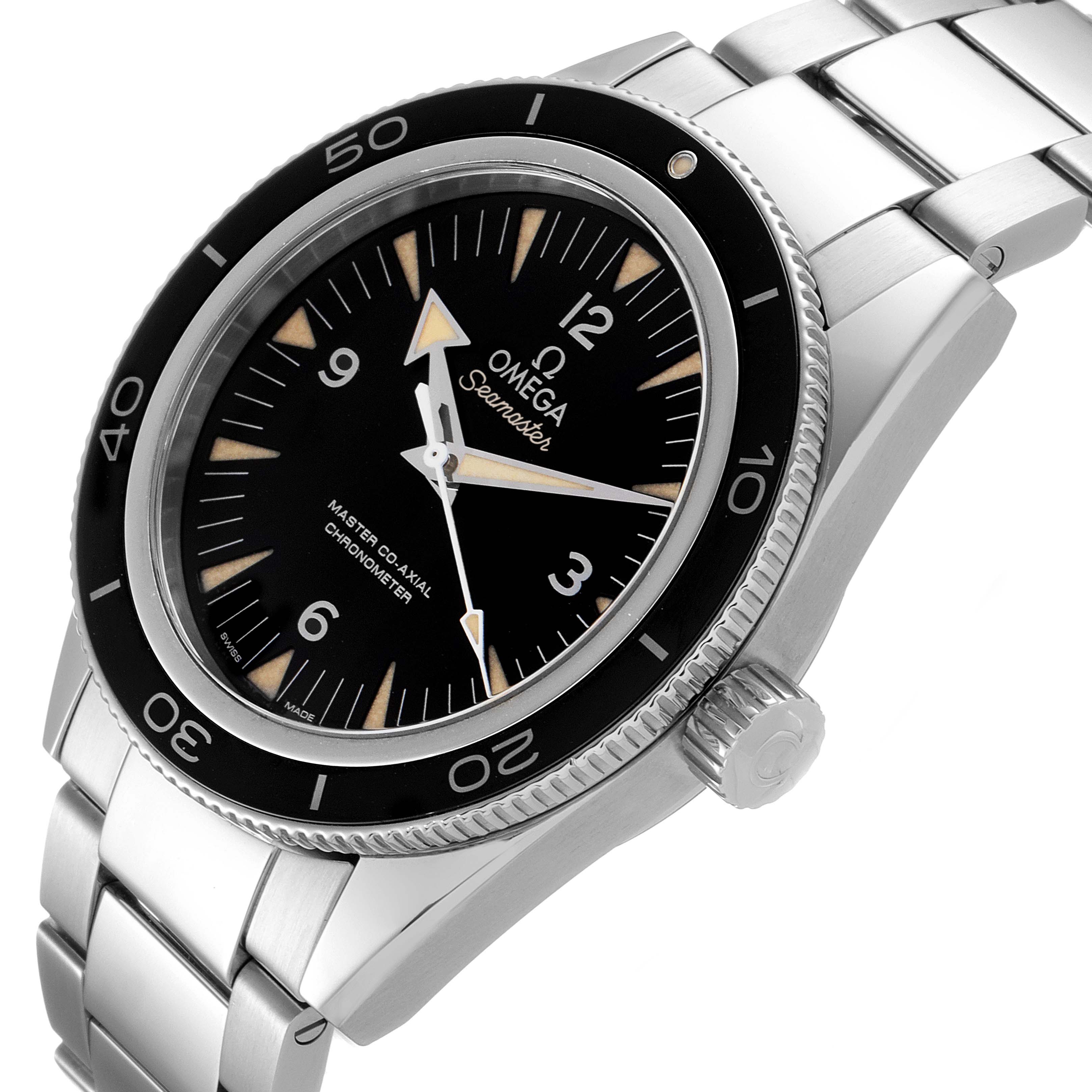 This image shows an Omega Seamaster 233.30.41.21.01.001 Men
s Stainless Steel Black Dial 233.30.41.21.01.001 Men
s Stainless Steel Black Dial watch angled to display the face, bezel, crown, and a portion of the bracelet.