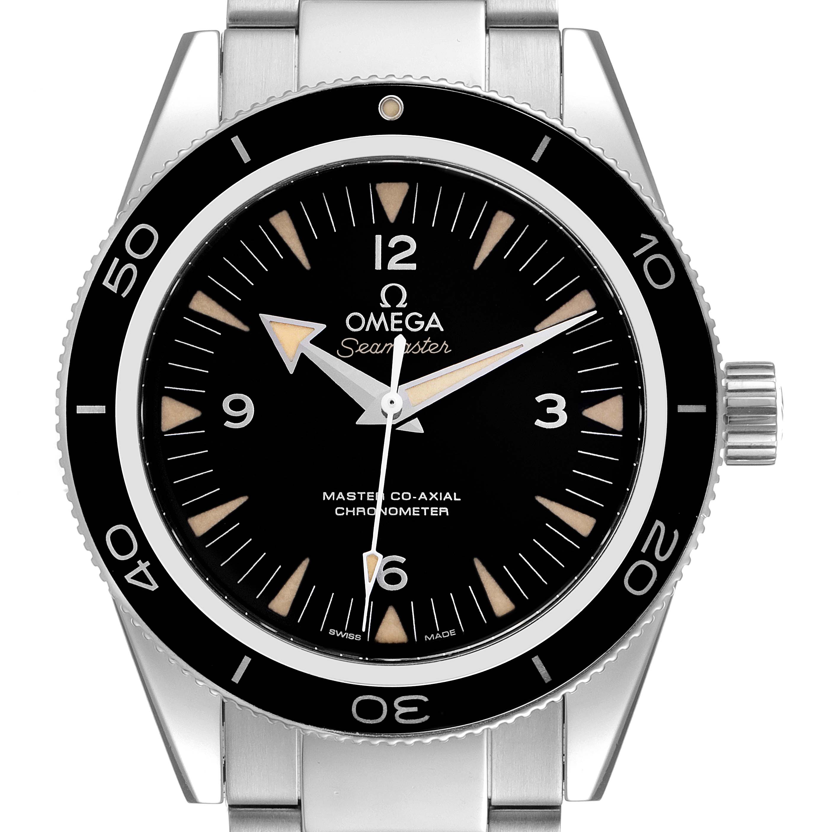This image shows a front view of the Omega Seamaster 233.30.41.21.01.001 Men
s Stainless Steel Black Dial 233.30.41.21.01.001 Men
s Stainless Steel Black Dial watch, featuring its black dial, bezel, and stainless steel bracelet.