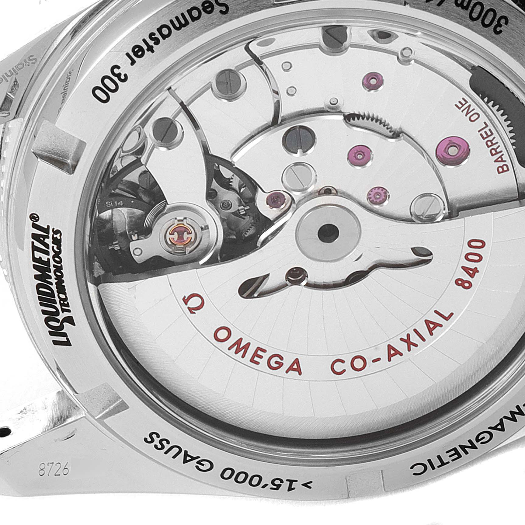 The image shows a close-up of the movement and back casing of an Omega Seamaster 233.30.41.21.01.001 Men
s Stainless Steel Black Dial 233.30.41.21.01.001 Men
s Stainless Steel Black Dial 300 watch.