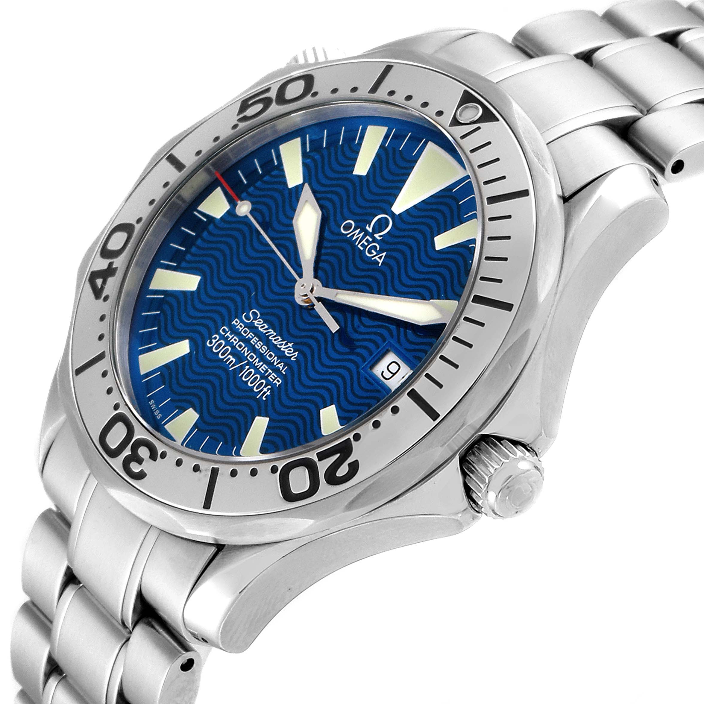 This Omega Seamaster 2255.80.00 Men
s Stainless Steel Blue Dial 2255.80.00 Men
s Stainless Steel Blue Dial watch is shown at an angled side view, highlighting its bezel, blue wave-pattern dial, and stainless steel bracelet.