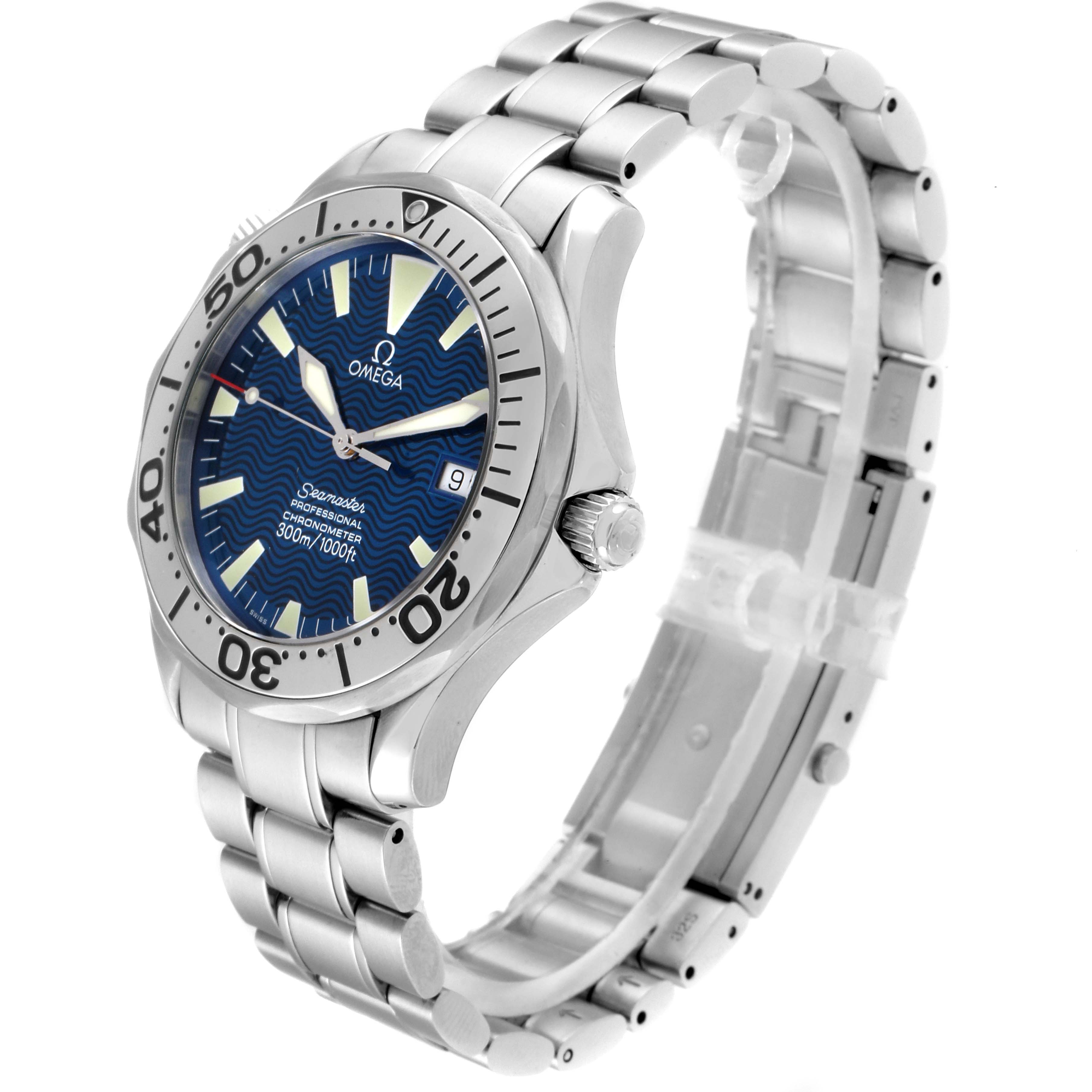 The Omega Seamaster 2255.80.00 Men
s Stainless Steel Blue Dial 2255.80.00 Men
s Stainless Steel Blue Dial watch is shown at a three-quarter angle, displaying its face, bezel, crown, and metal bracelet.