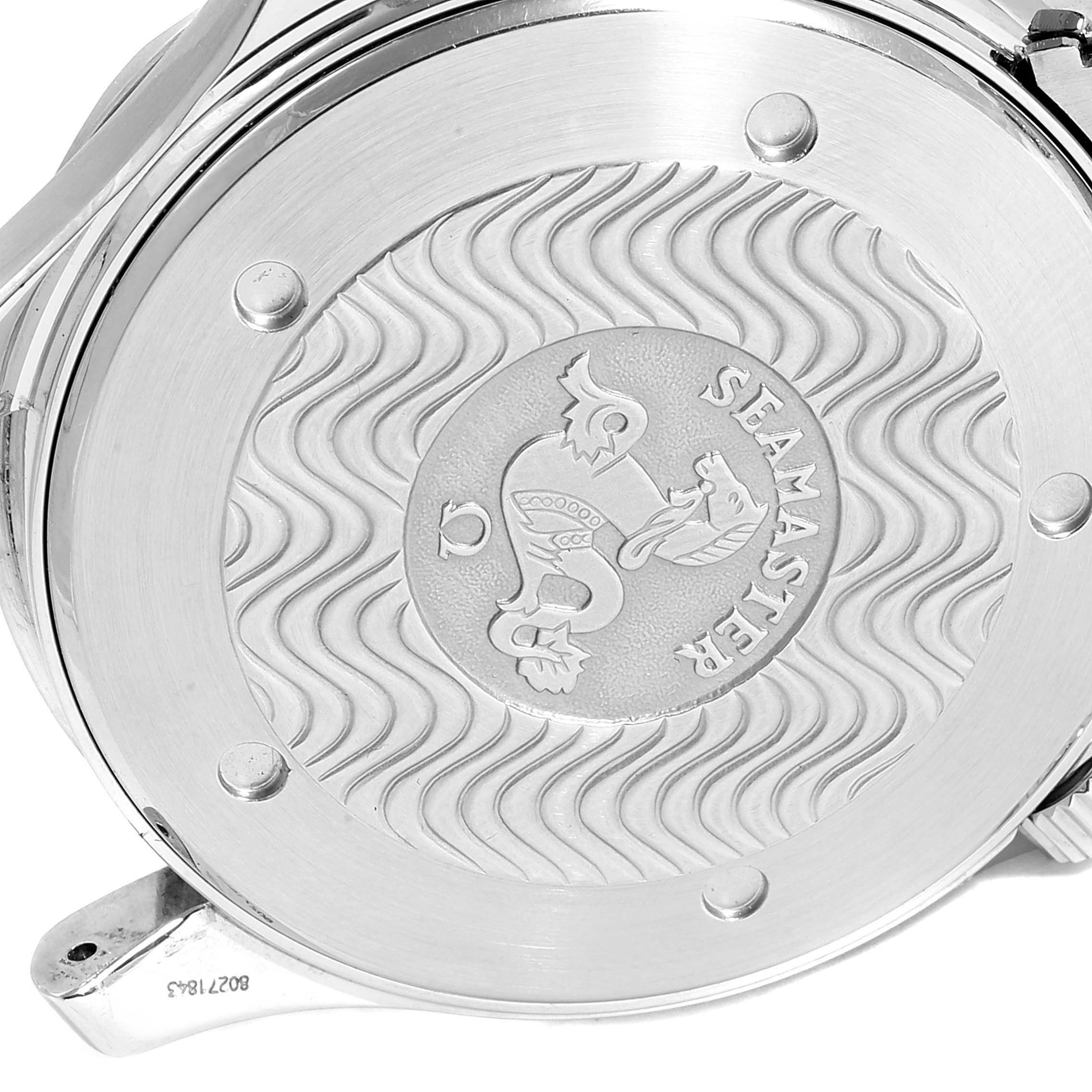 The image shows the engraved case back of an Omega Seamaster 2255.80.00 Men
s Stainless Steel Blue Dial 2255.80.00 Men
s Stainless Steel Blue Dial watch, featuring a wave pattern and the Seamaster logo.