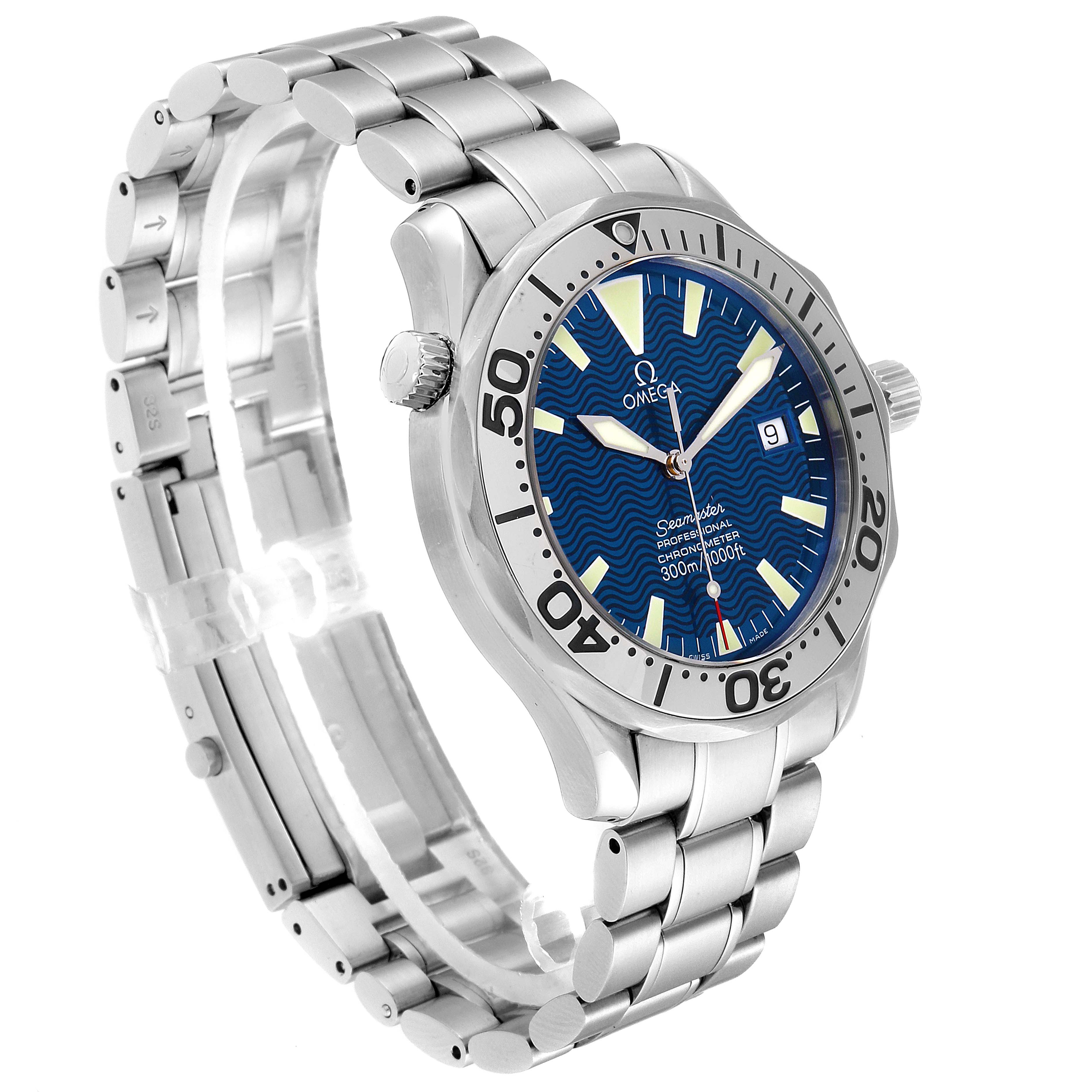 The Omega Seamaster 2255.80.00 Men
s Stainless Steel Blue Dial 2255.80.00 Men
s Stainless Steel Blue Dial watch is shown at a three-quarter angle displaying the face, bezel, crown, and bracelet.