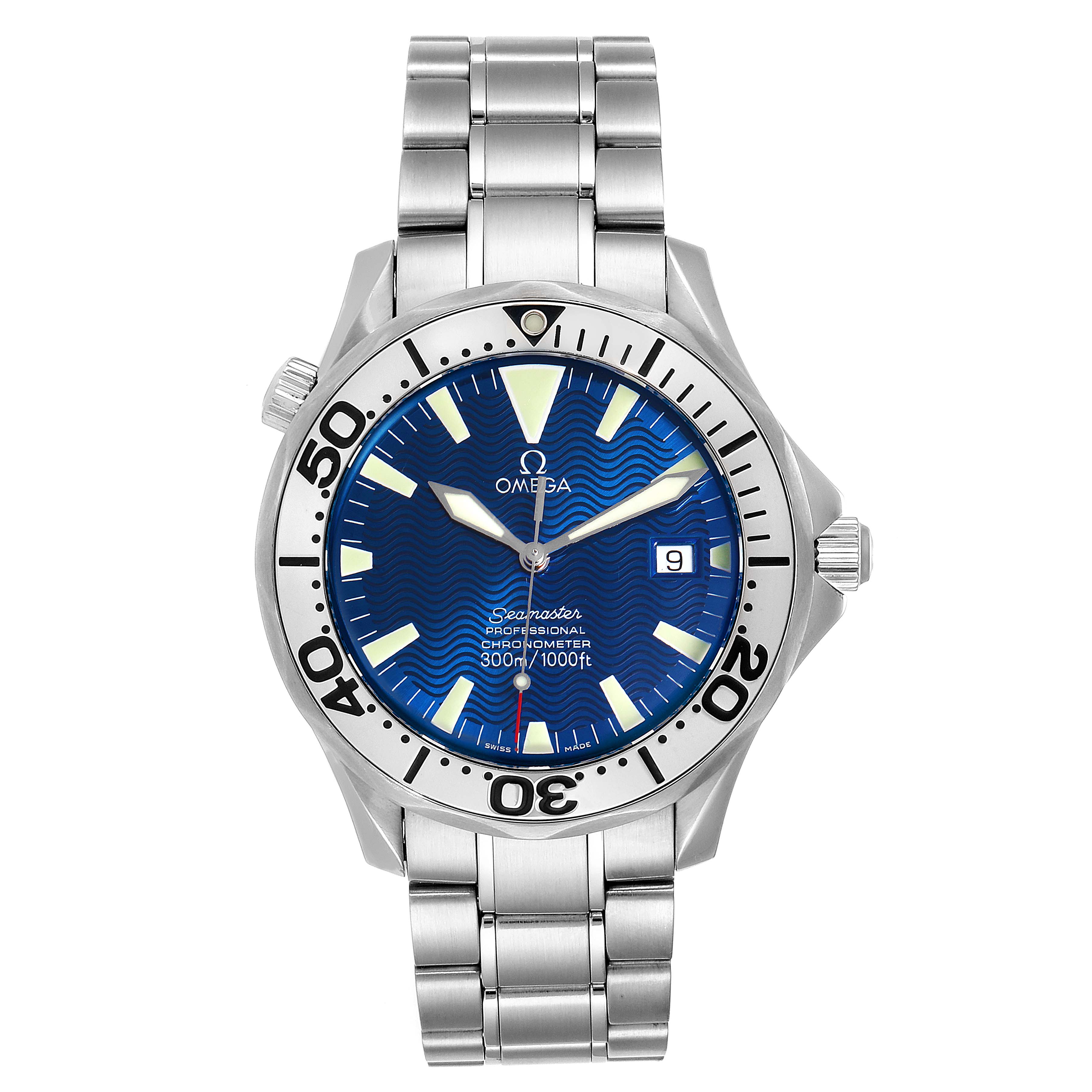 The image shows a front view of an Omega Seamaster 2255.80.00 Men
s Stainless Steel Blue Dial 2255.80.00 Men
s Stainless Steel Blue Dial watch, highlighting its blue dial, bezel, and stainless steel bracelet.