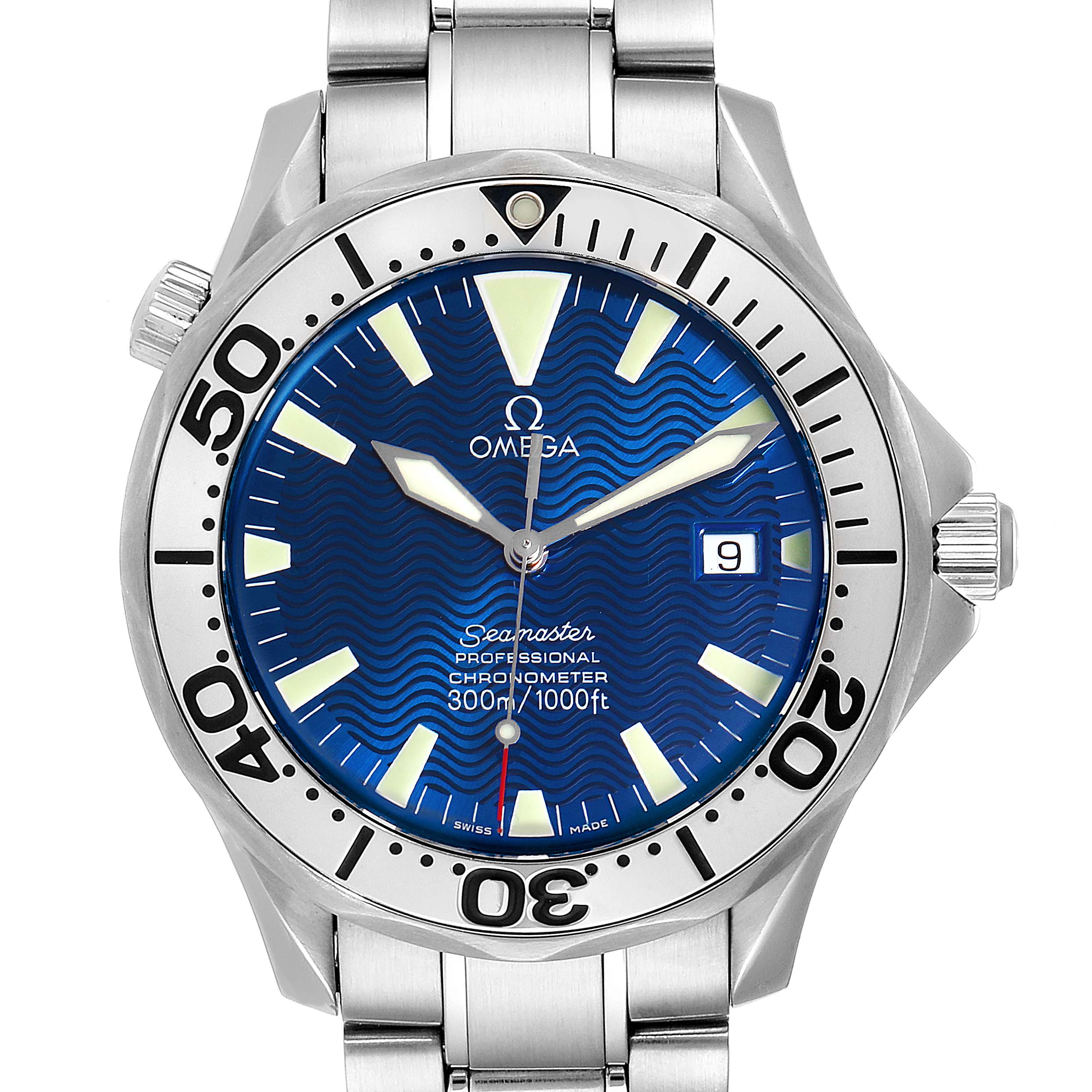 The image shows a front view of an Omega Seamaster 2255.80.00 Men
s Stainless Steel Blue Dial 2255.80.00 Men
s Stainless Steel Blue Dial watch, highlighting the dial, bezel, hands, and stainless steel bracelet.