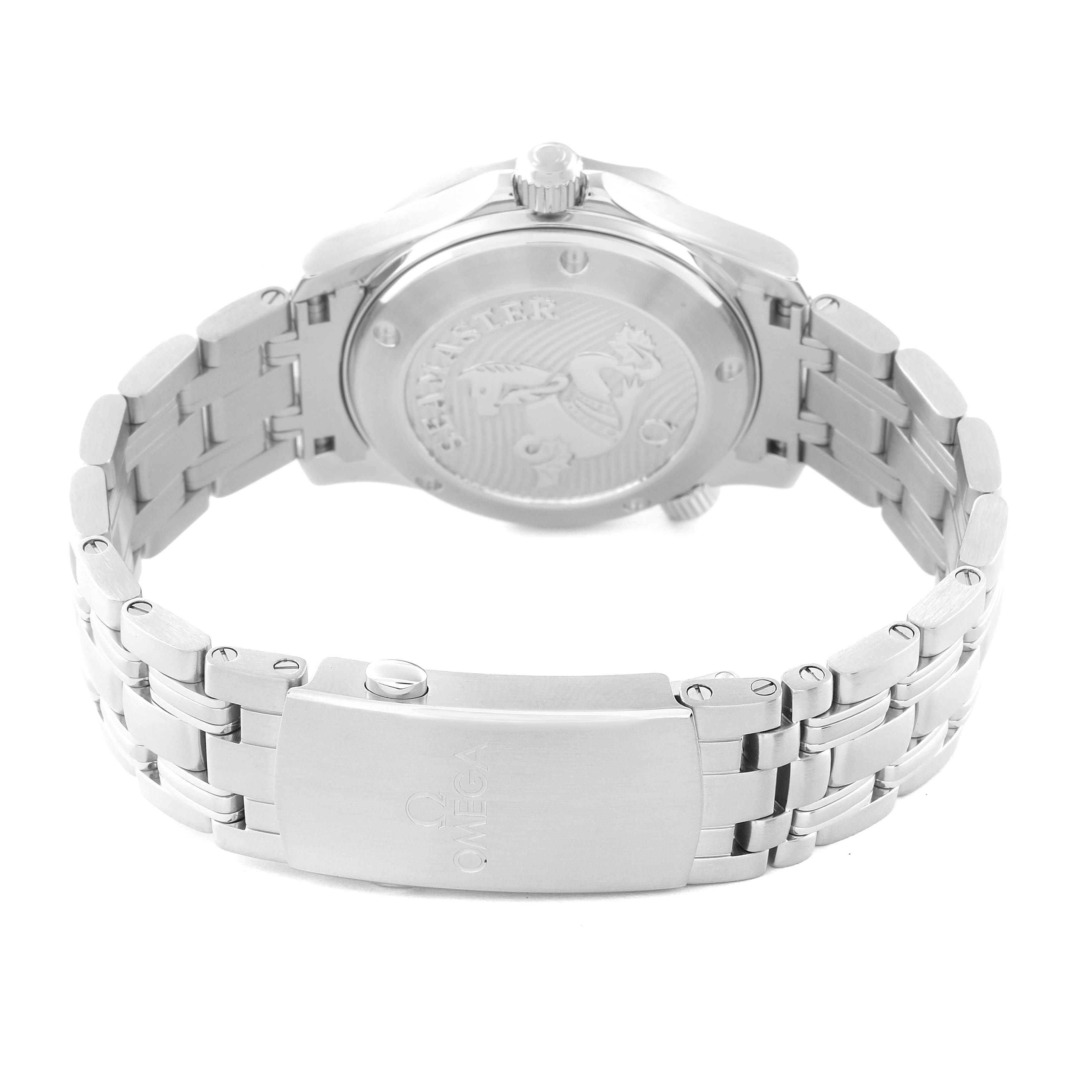 This image shows the back view of the Omega Seamaster 212.30.36.20.01.002 Men
s Stainless Steel Black Dial 212.30.36.20.01.002 Men
s Stainless Steel Black Dial watch, highlighting its stainless steel bracelet and engraved case back.