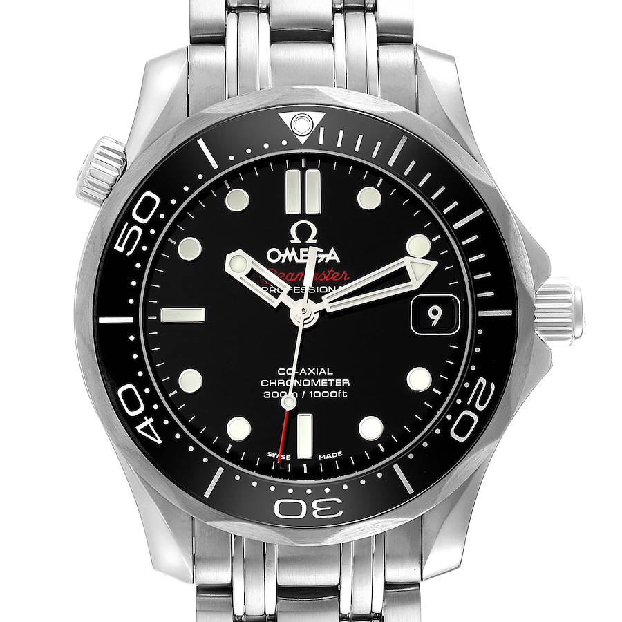 This is a front view of the Omega Seamaster watch showing its dial, bezel, hands, date window, and a portion of the bracelet.