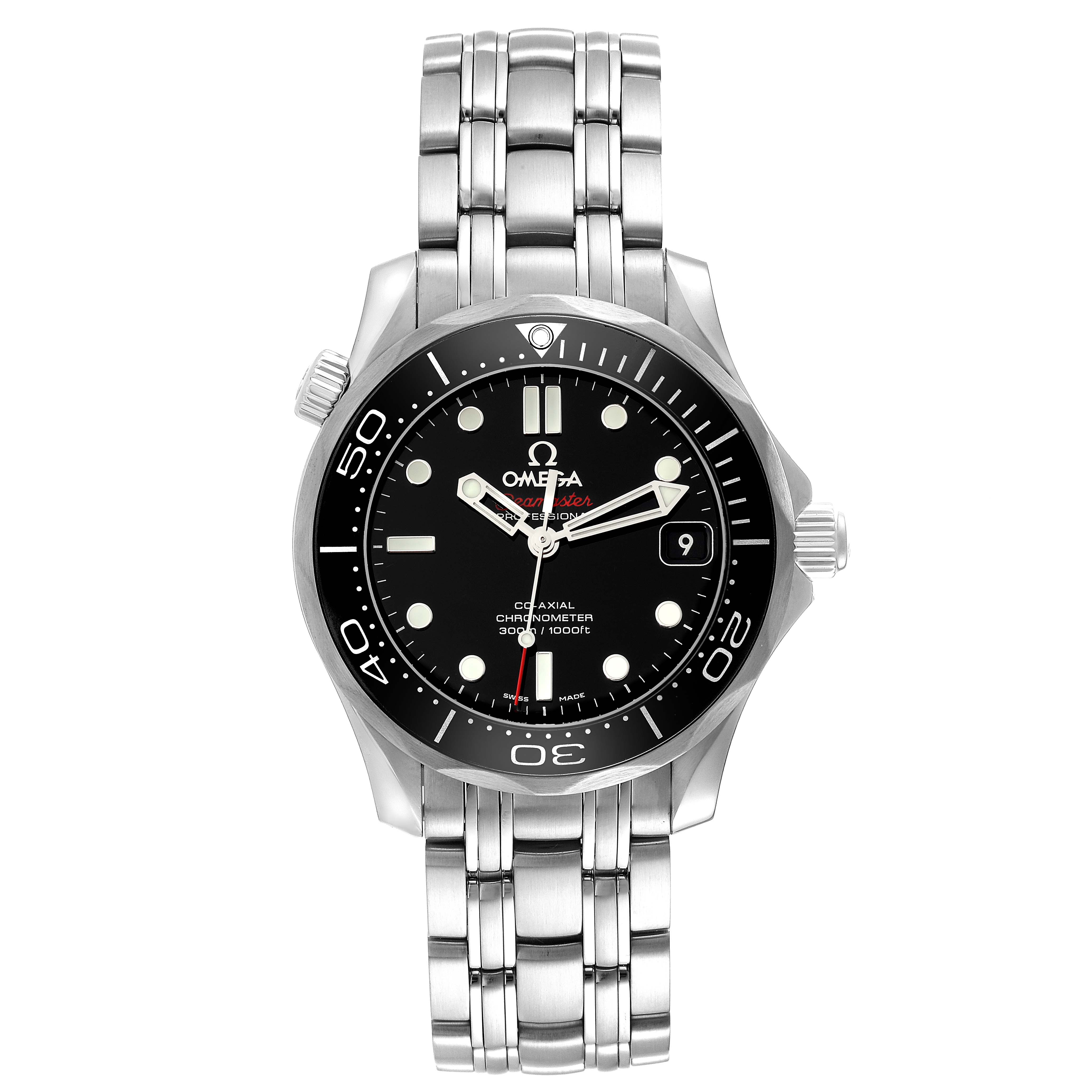 The image shows a front view of an Omega Seamaster 212.30.36.20.01.002 Men
s Stainless Steel Black Dial 212.30.36.20.01.002 Men
s Stainless Steel Black Dial watch displaying its face, bezel, and stainless steel bracelet.