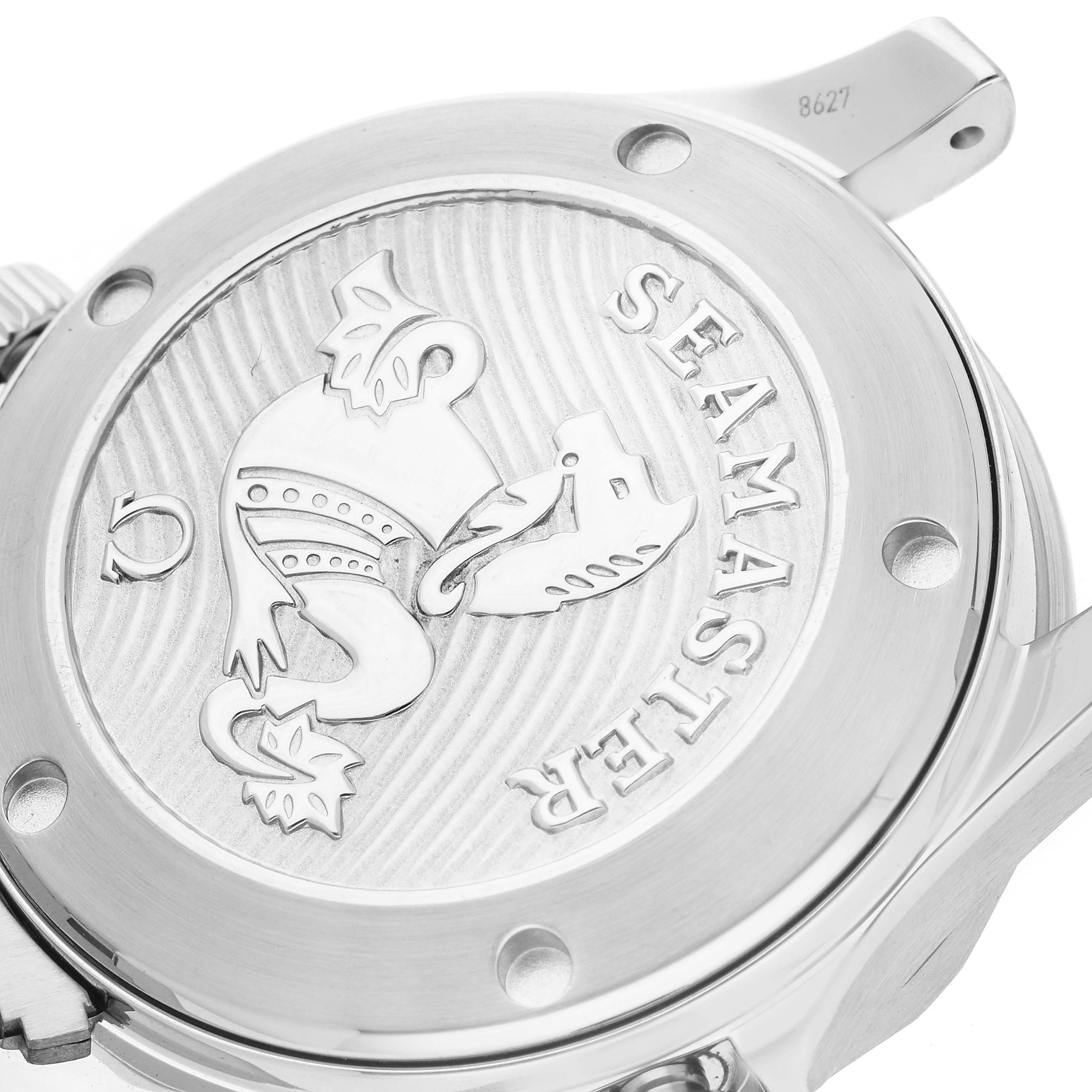 This image shows the engraved case back of an Omega Seamaster 212.30.36.20.01.002 Men
s Stainless Steel Black Dial 212.30.36.20.01.002 Men
s Stainless Steel Black Dial watch at a slightly tilted angle.