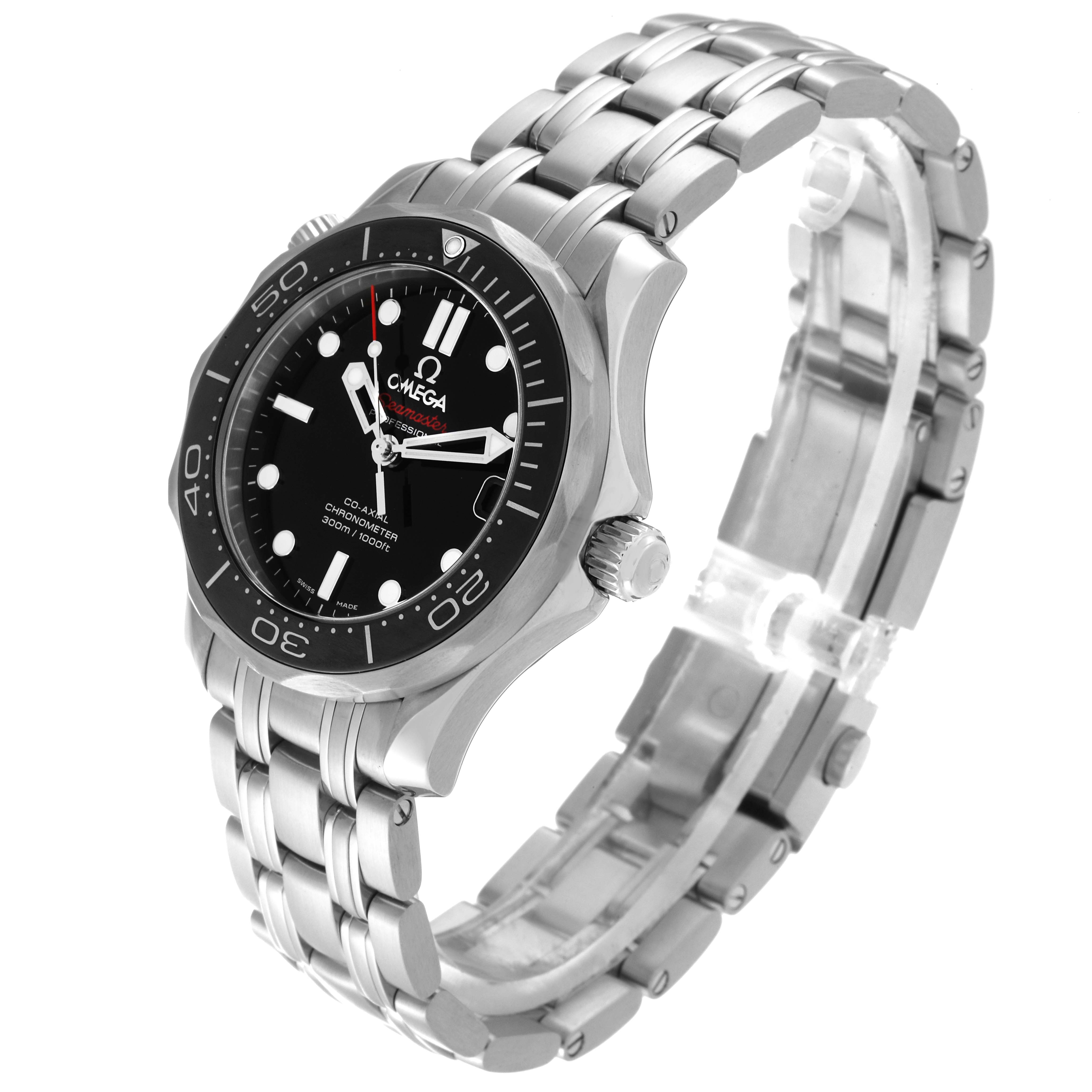 This image shows an angled view of the Omega Seamaster 212.30.36.20.01.002 Men
s Stainless Steel Black Dial 212.30.36.20.01.002 Men
s Stainless Steel Black Dial watch, highlighting its bezel, dial, and bracelet.
