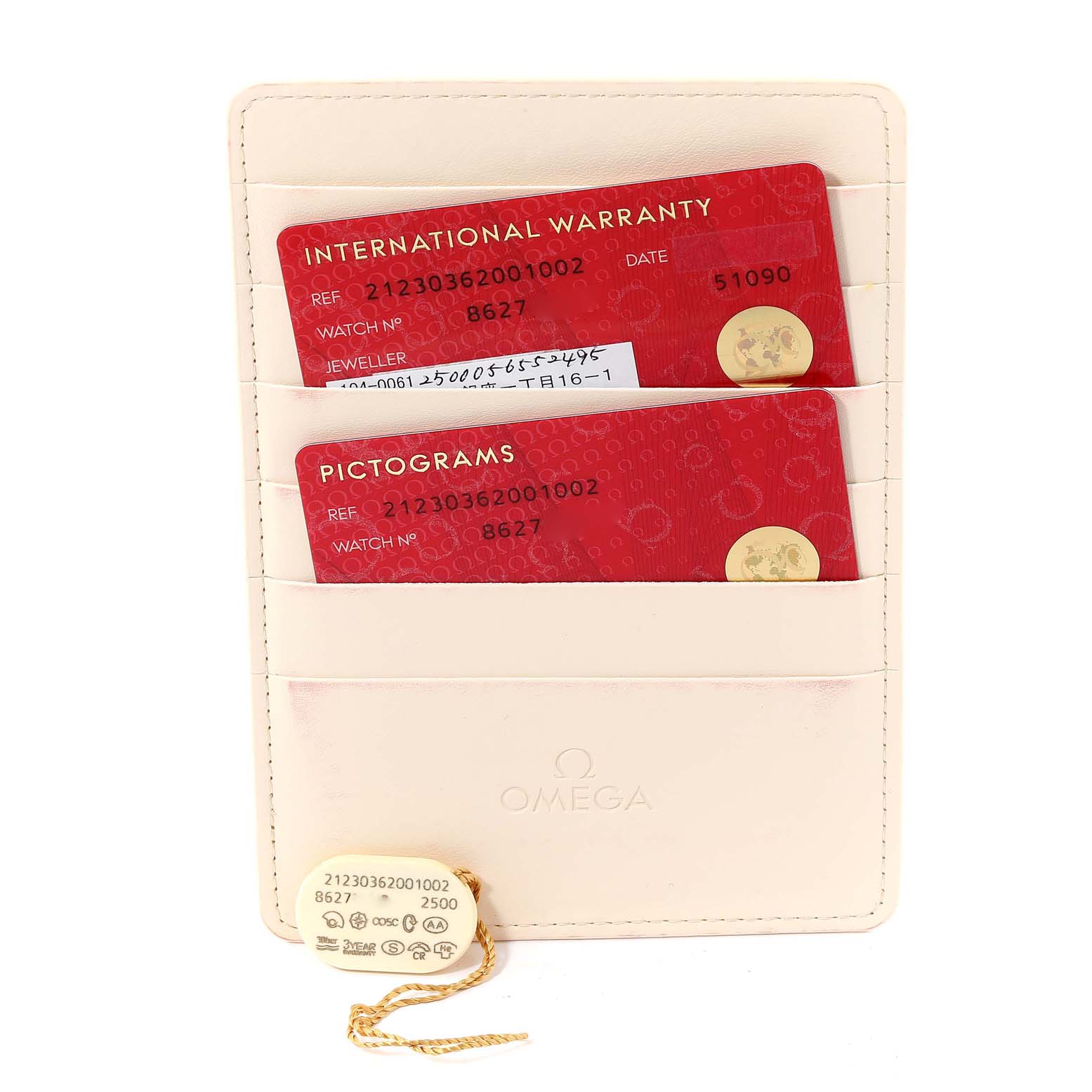 The image shows an Omega Seamaster 212.30.36.20.01.002 Men
s Stainless Steel Black Dial 212.30.36.20.01.002 Men
s Stainless Steel Black Dial model
s warranty and pictograms cards in a beige cardholder.