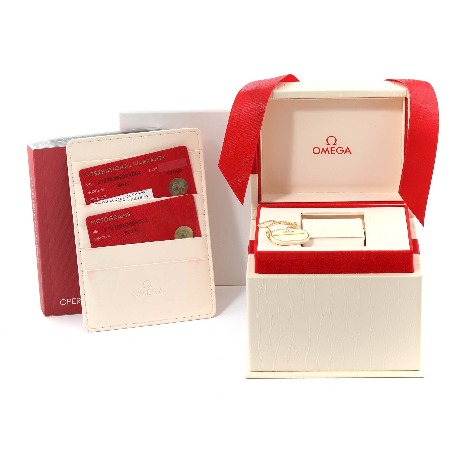 The image shows an Omega Seamaster 212.30.36.20.01.002 Men
s Stainless Steel Black Dial 212.30.36.20.01.002 Men
s Stainless Steel Black Dial watch box, warranty cards, and a white pouch, photographed from the front angle.