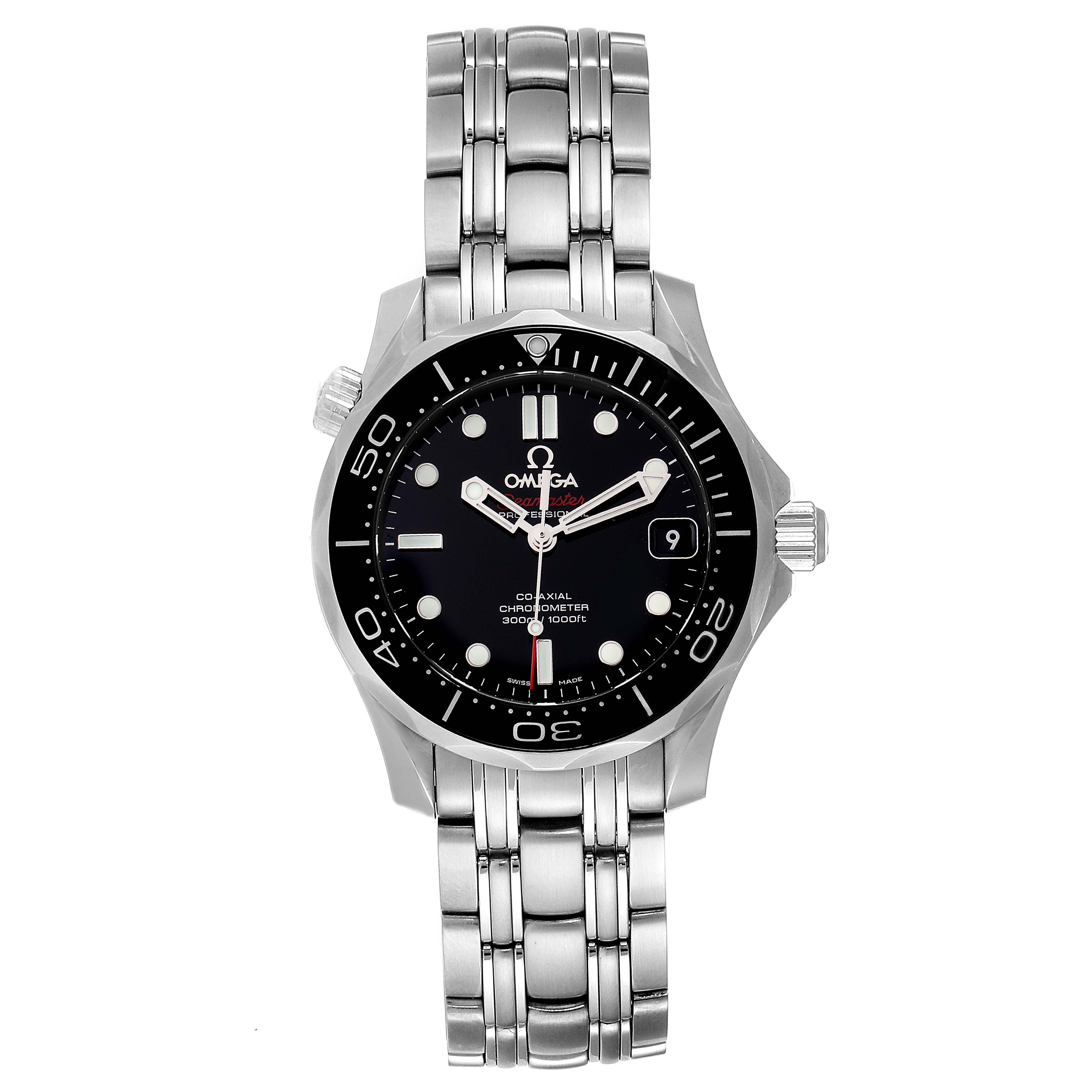 The image shows a front view of an Omega Seamaster 212.30.36.20.01.002 Men
s Stainless Steel Black Dial 212.30.36.20.01.002 Men
s Stainless Steel Black Dial watch, featuring its face, bezel, crown, and metal bracelet.