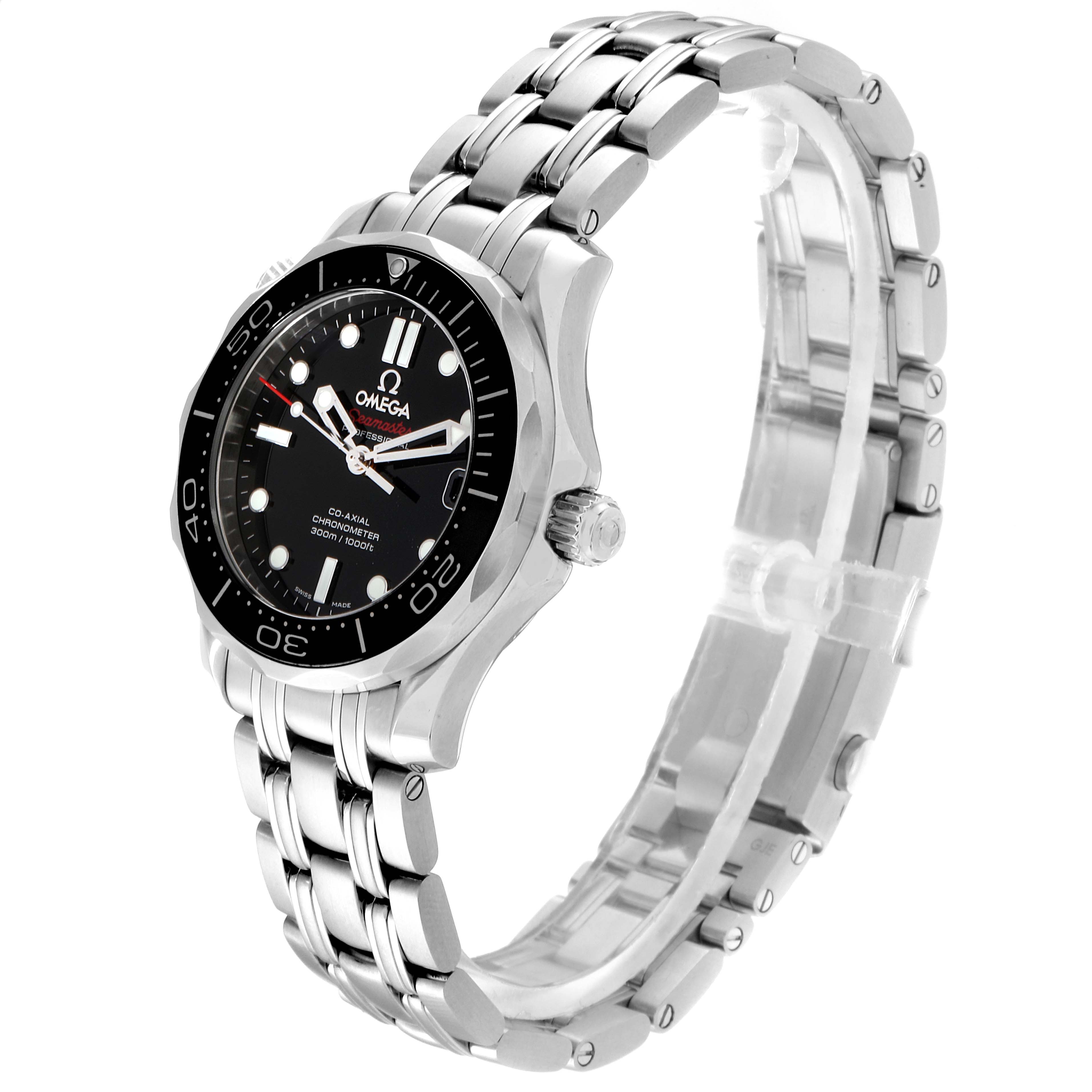 This image shows a side angle of an Omega Seamaster 212.30.36.20.01.002 Men
s Stainless Steel Black Dial 212.30.36.20.01.002 Men
s Stainless Steel Black Dial watch displaying the face, bezel, crown, and stainless steel bracelet.