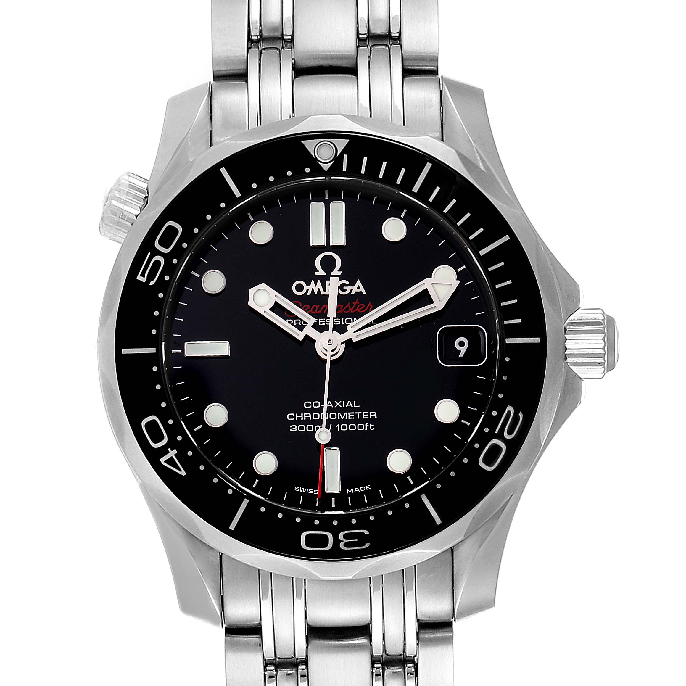 The image shows a frontal view of the Omega Seamaster 212.30.36.20.01.002 Men
s Stainless Steel Black Dial 212.30.36.20.01.002 Men
s Stainless Steel Black Dial watch, highlighting the bezel, dial, and stainless steel bracelet.