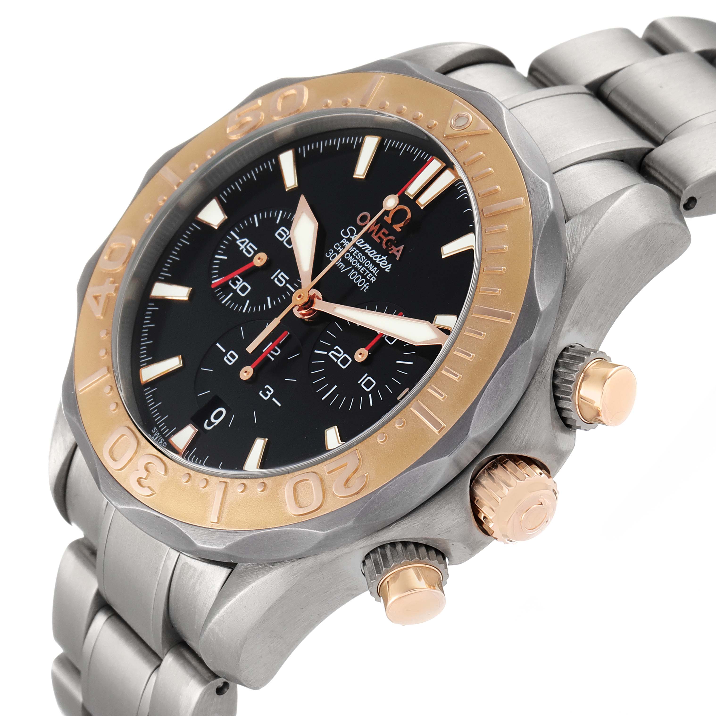 The Omega Seamaster 2294.52.00 Men's Titanium Black Dial 2294.52.00 Men's Titanium Black Dial watch is shown from the front and side, displaying the dial, bezel, crown, and chronograph pushers.