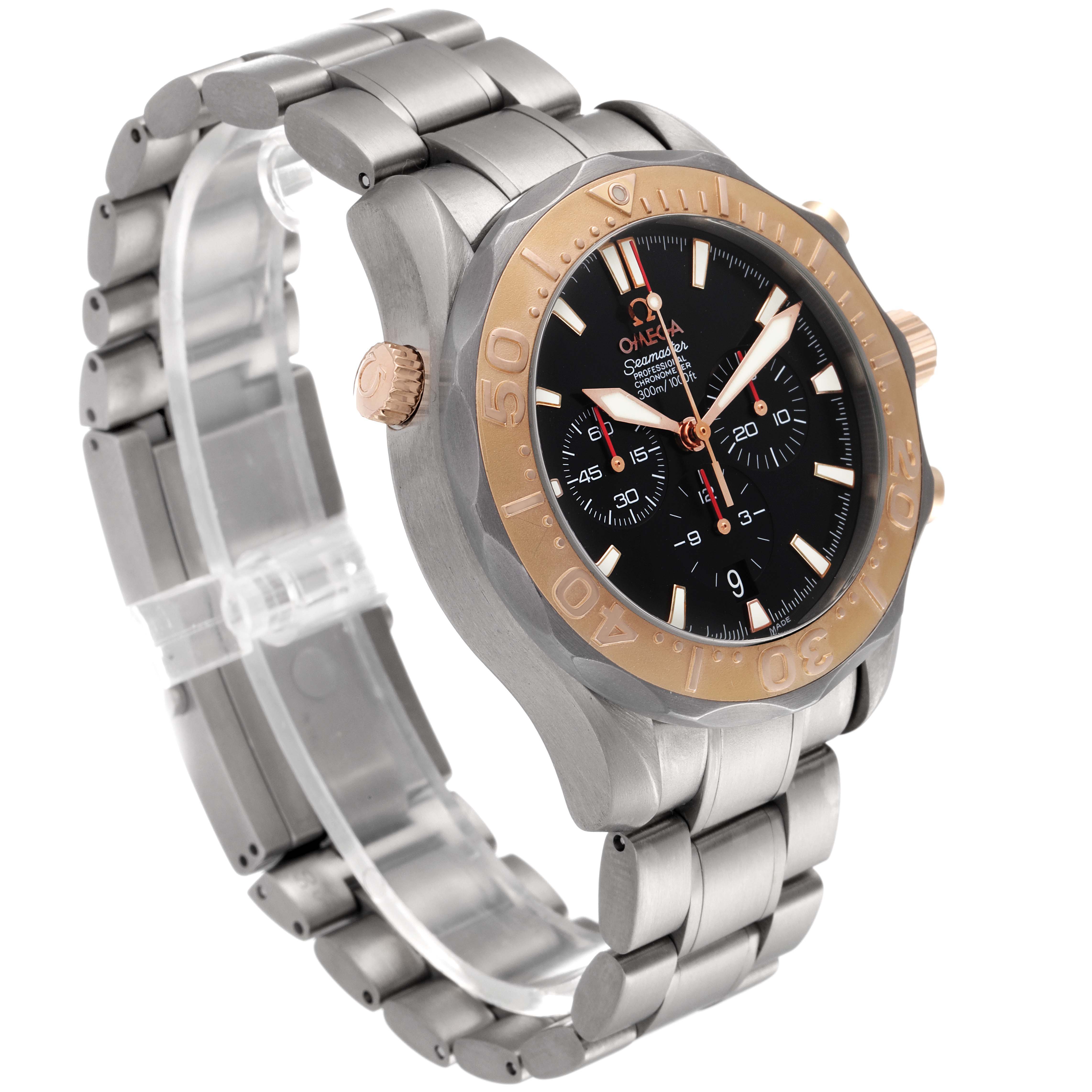 The image shows an angled side view of an Omega Seamaster 2294.52.00 Men's Titanium Black Dial 2294.52.00 Men's Titanium Black Dial watch, displaying its metal bracelet, dial, bezel, and crown.