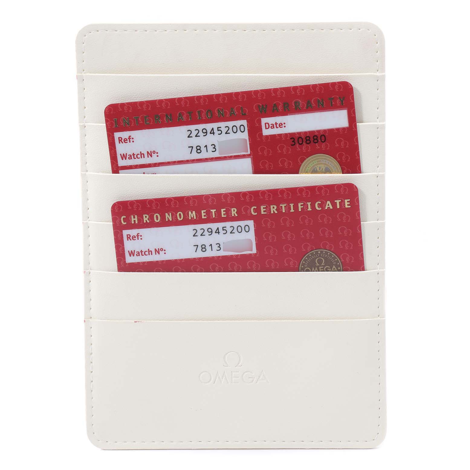 The image shows the warranty and chronometer certificate cards for the Omega Seamaster 2294.52.00 Men's Titanium Black Dial 2294.52.00 Men's Titanium Black Dial model in a white cardholder.