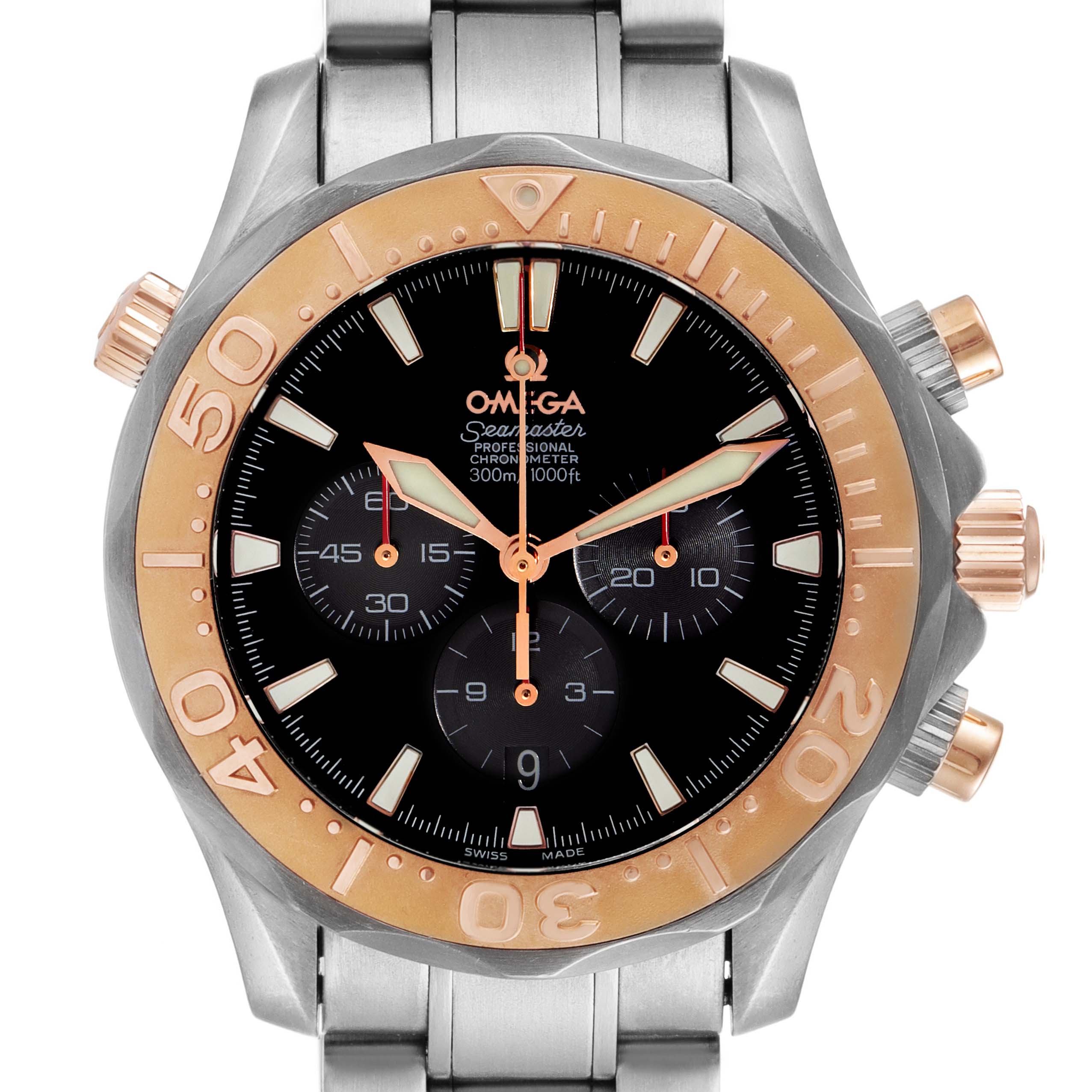 This image shows a front view of the Omega Seamaster 2294.52.00 Men's Titanium Black Dial 2294.52.00 Men's Titanium Black Dial watch, highlighting the dial, bezel, and bracelet.