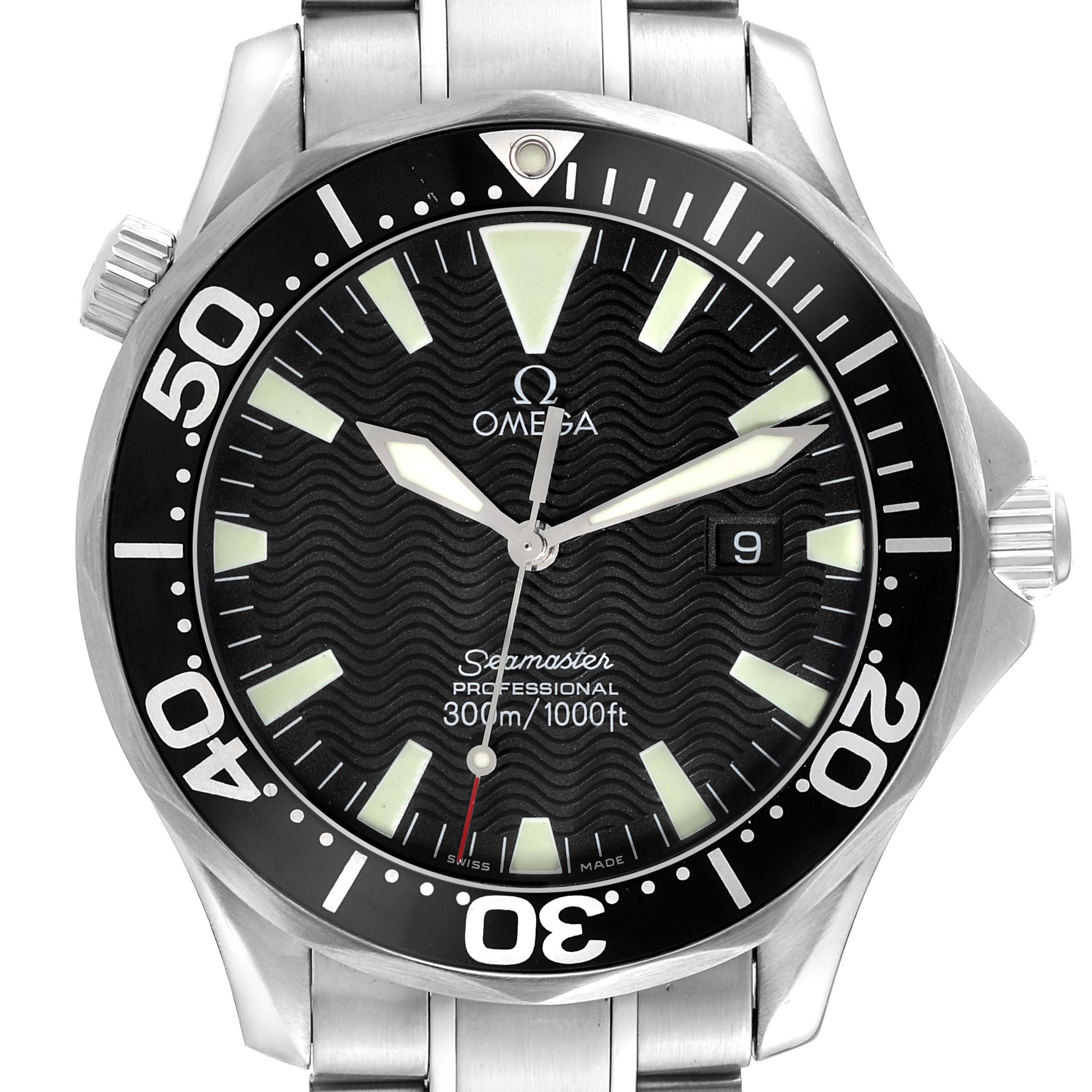 The Omega Seamaster 2264.50.00 Men
s Stainless Steel Black Dial 2264.50.00 Men
s Stainless Steel Black Dial watch is shown from a front angle, highlighting the dial, bezel, and part of the bracelet.