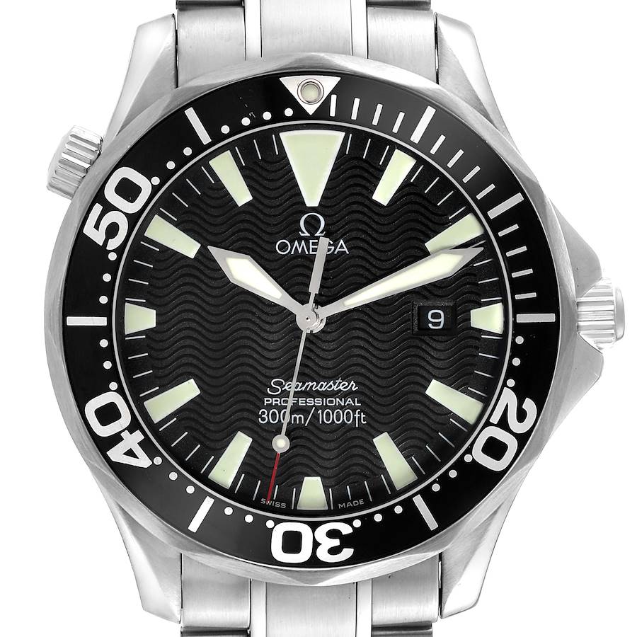 The Omega Seamaster watch is shown from a front angle, highlighting the dial, bezel, and part of the bracelet.