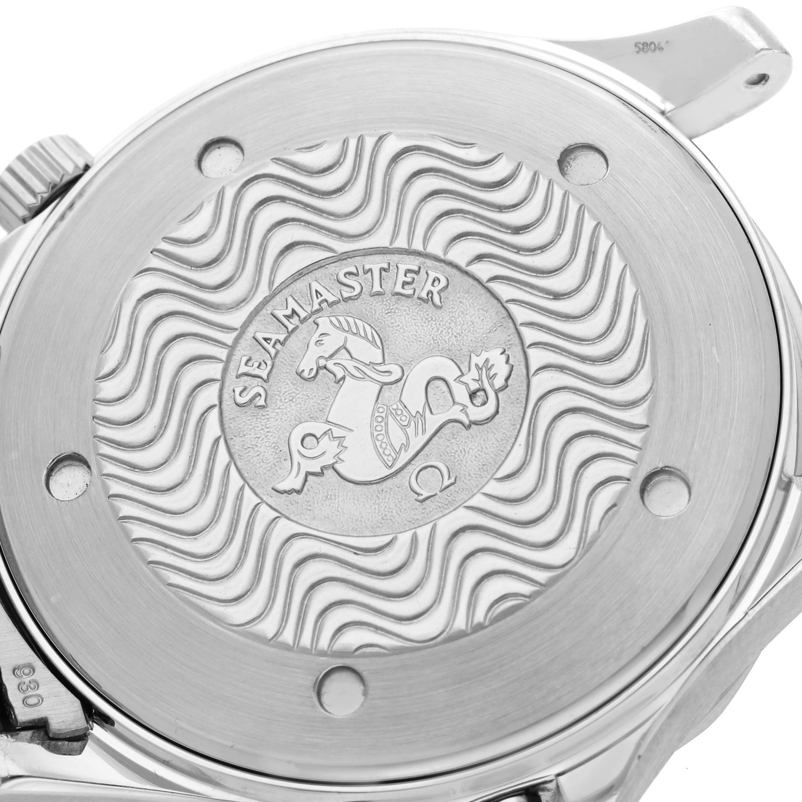 The image shows the back case of an Omega Seamaster 2264.50.00 Men
s Stainless Steel Black Dial 2264.50.00 Men
s Stainless Steel Black Dial watch viewed from a top angle.