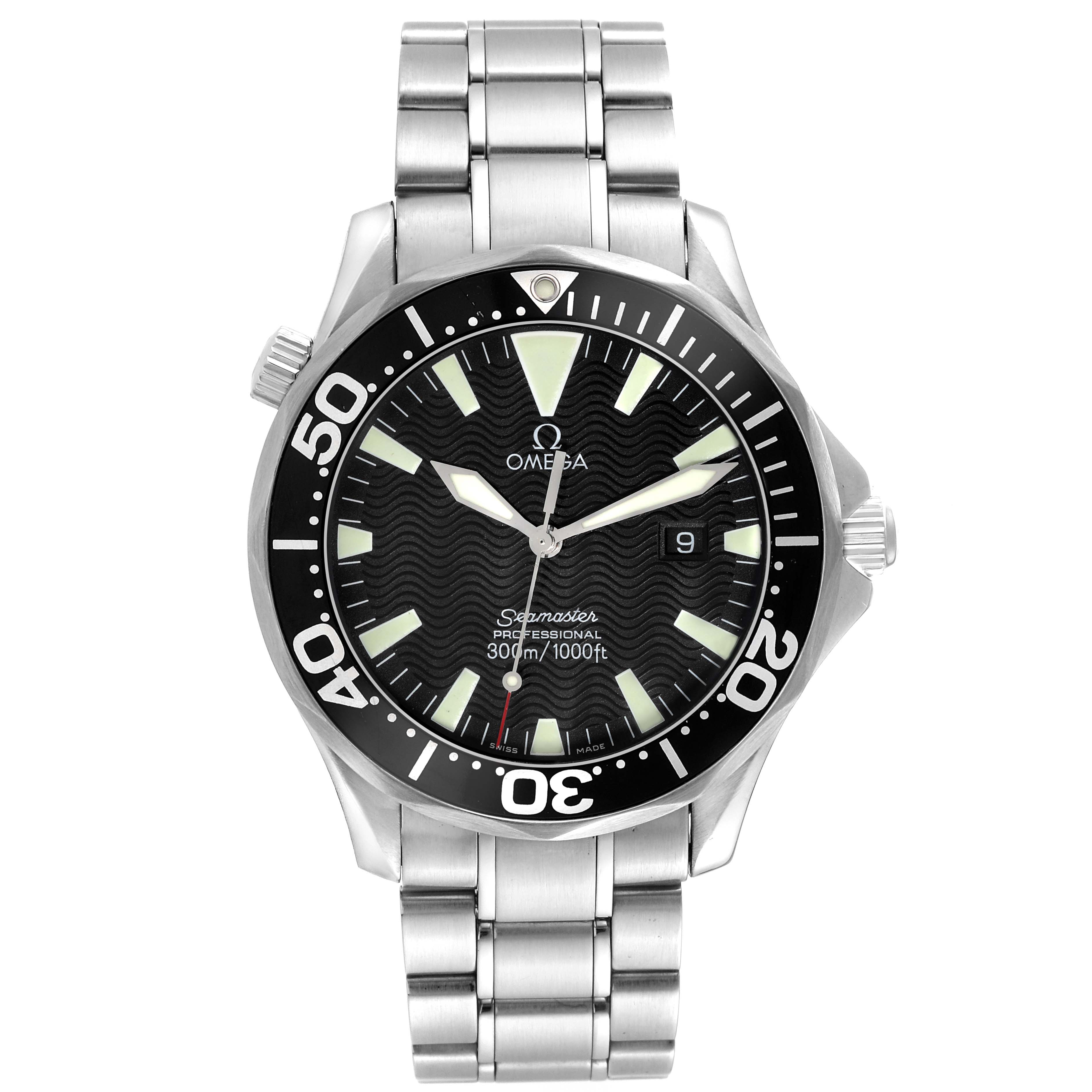 The image shows a frontal view of the Omega Seamaster 2264.50.00 Men
s Stainless Steel Black Dial 2264.50.00 Men
s Stainless Steel Black Dial watch, highlighting its face, bezel, crown, and metal bracelet.
