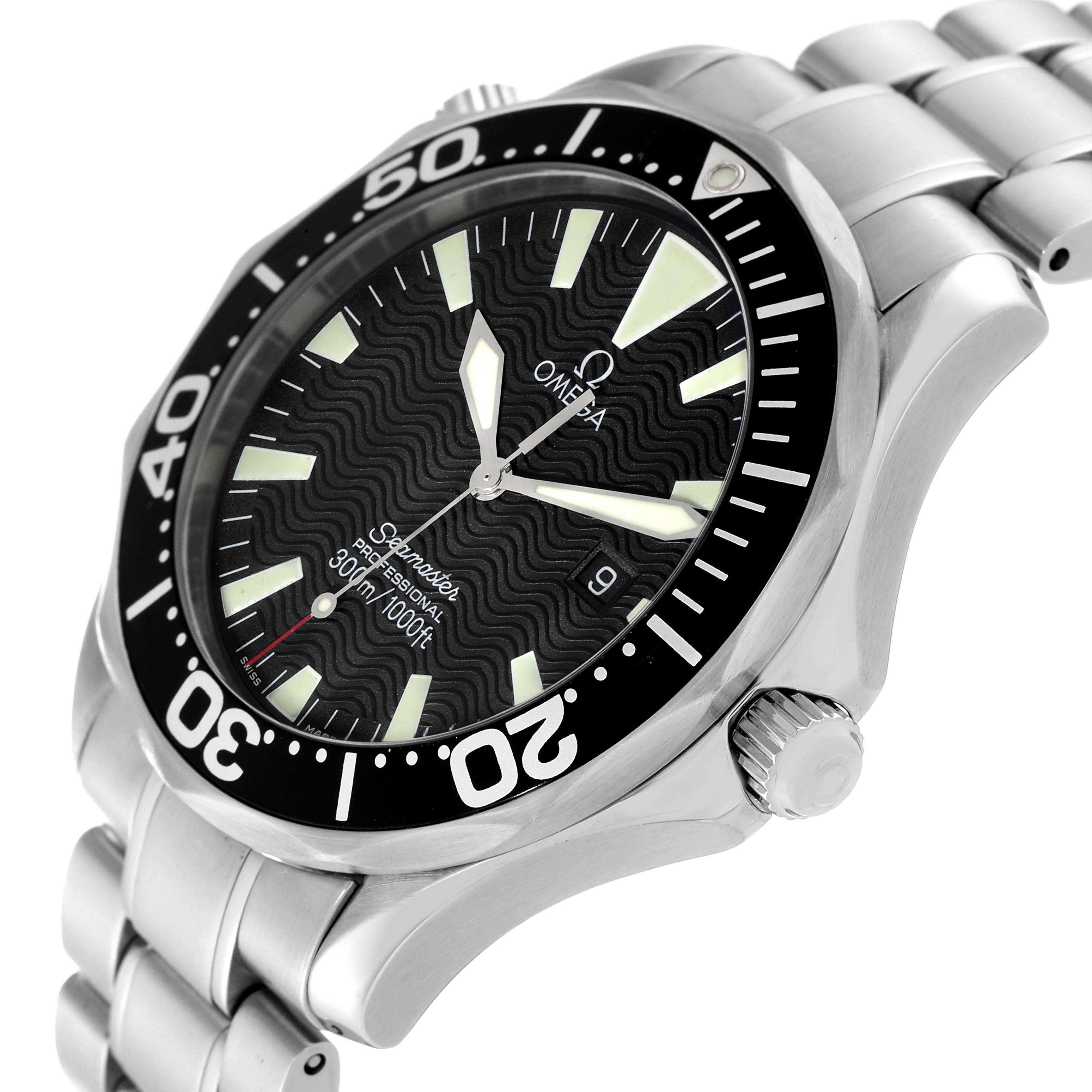 The Omega Seamaster 2264.50.00 Men
s Stainless Steel Black Dial 2264.50.00 Men
s Stainless Steel Black Dial watch is shown at an angle displaying its black bezel, wavy dial, and stainless-steel bracelet.