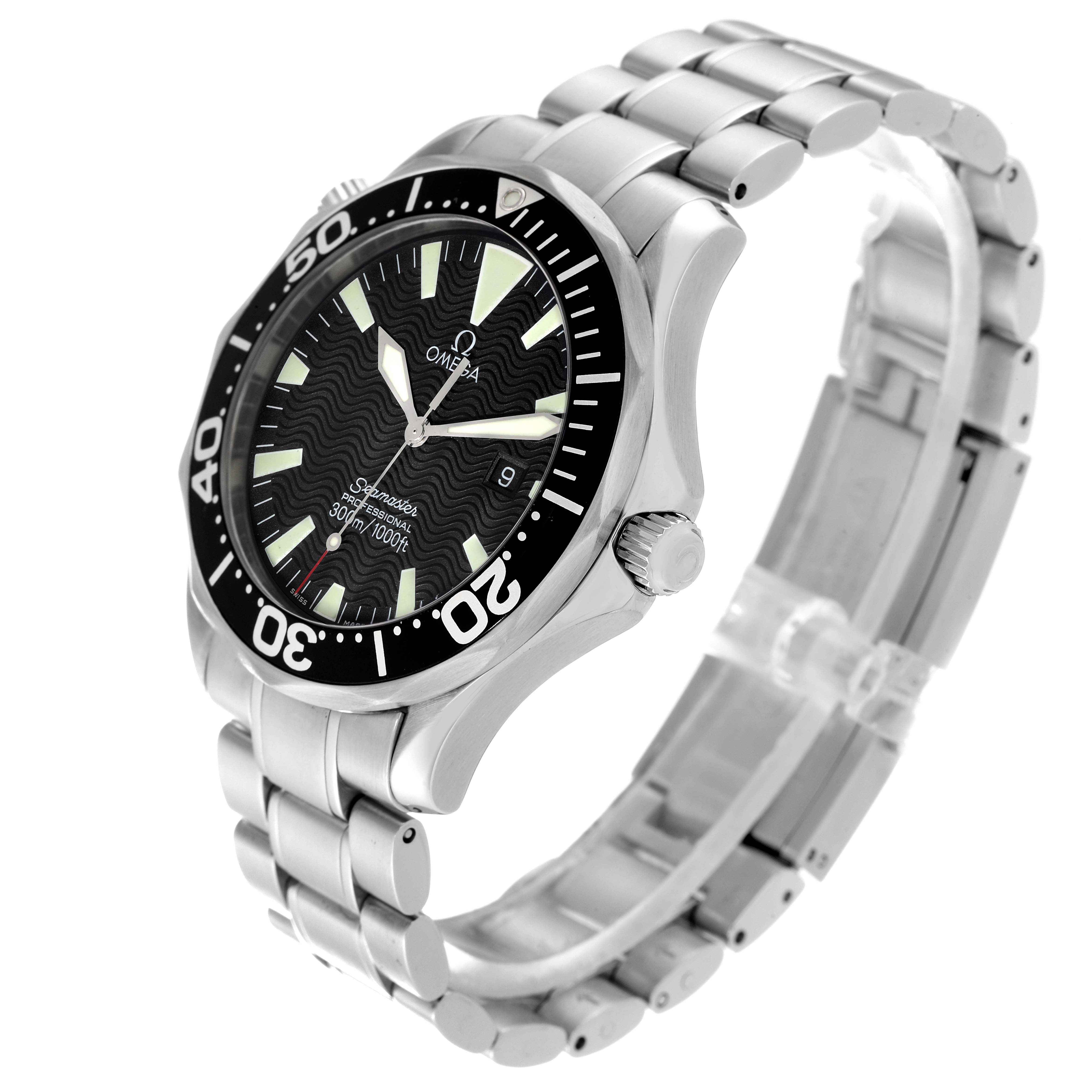 The Omega Seamaster 2264.50.00 Men
s Stainless Steel Black Dial 2264.50.00 Men
s Stainless Steel Black Dial watch is shown at a slight angle, highlighting its face, bezel, crown, and metal bracelet.